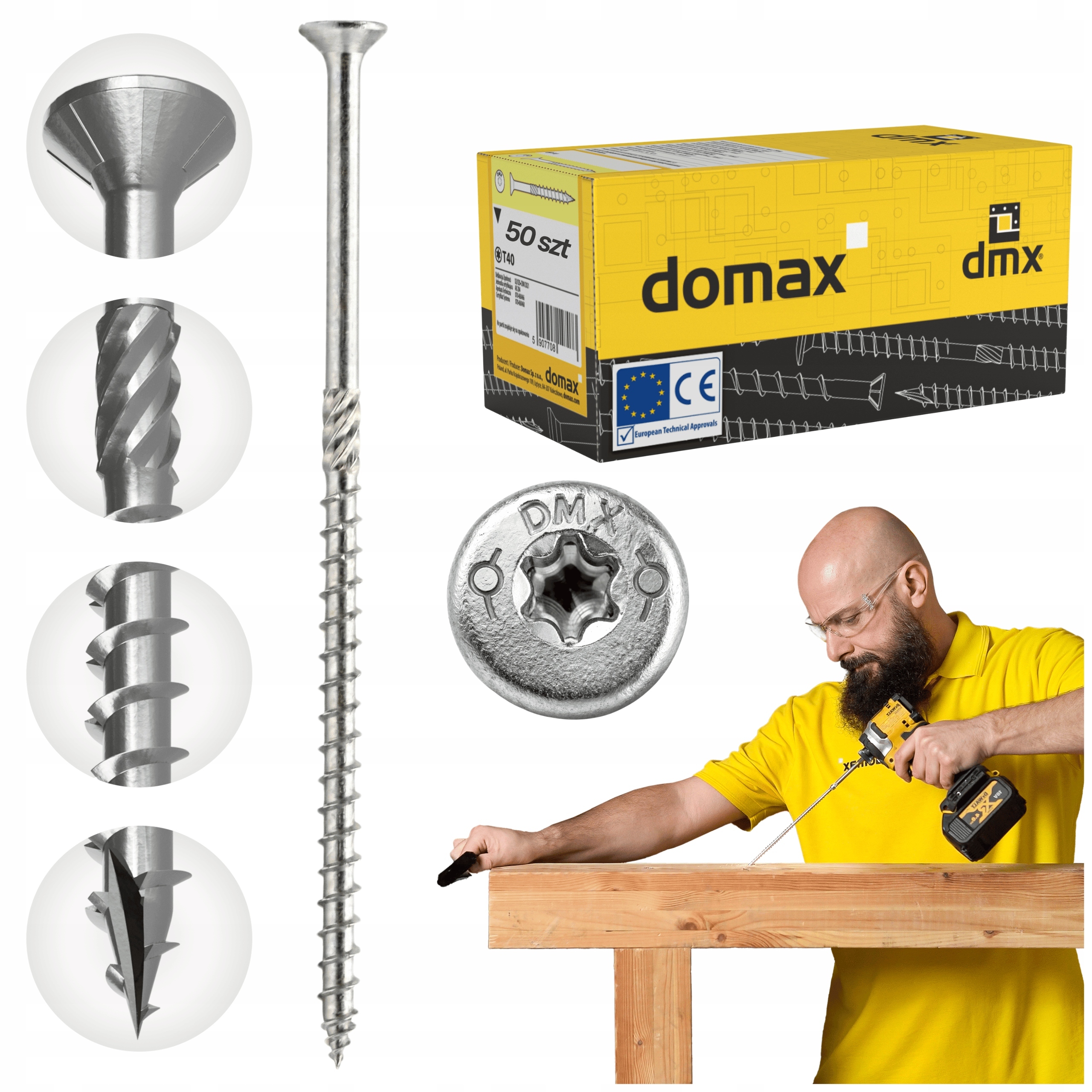 Tesařské Vruty 10x300 Kuželové Torx 50 ks Do Dřeva Domax Cs Stříbrné