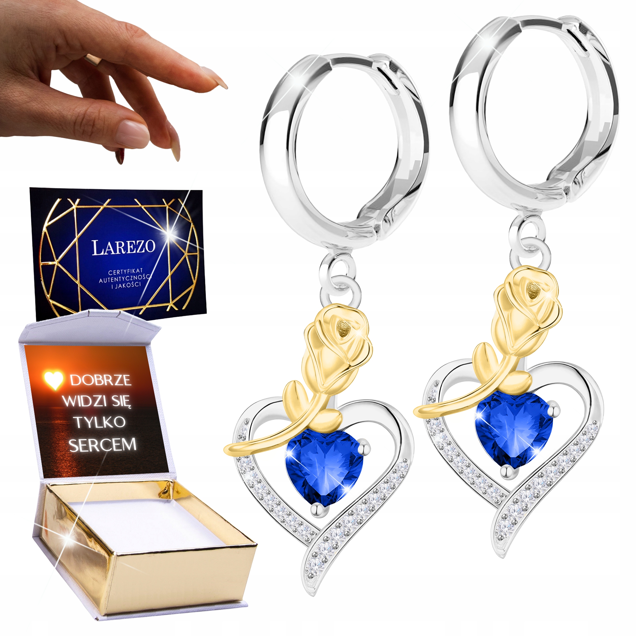 Stříbrné Náušnice 925 Safírové srdce Zlaté růže Srdíčka s růží Potisk