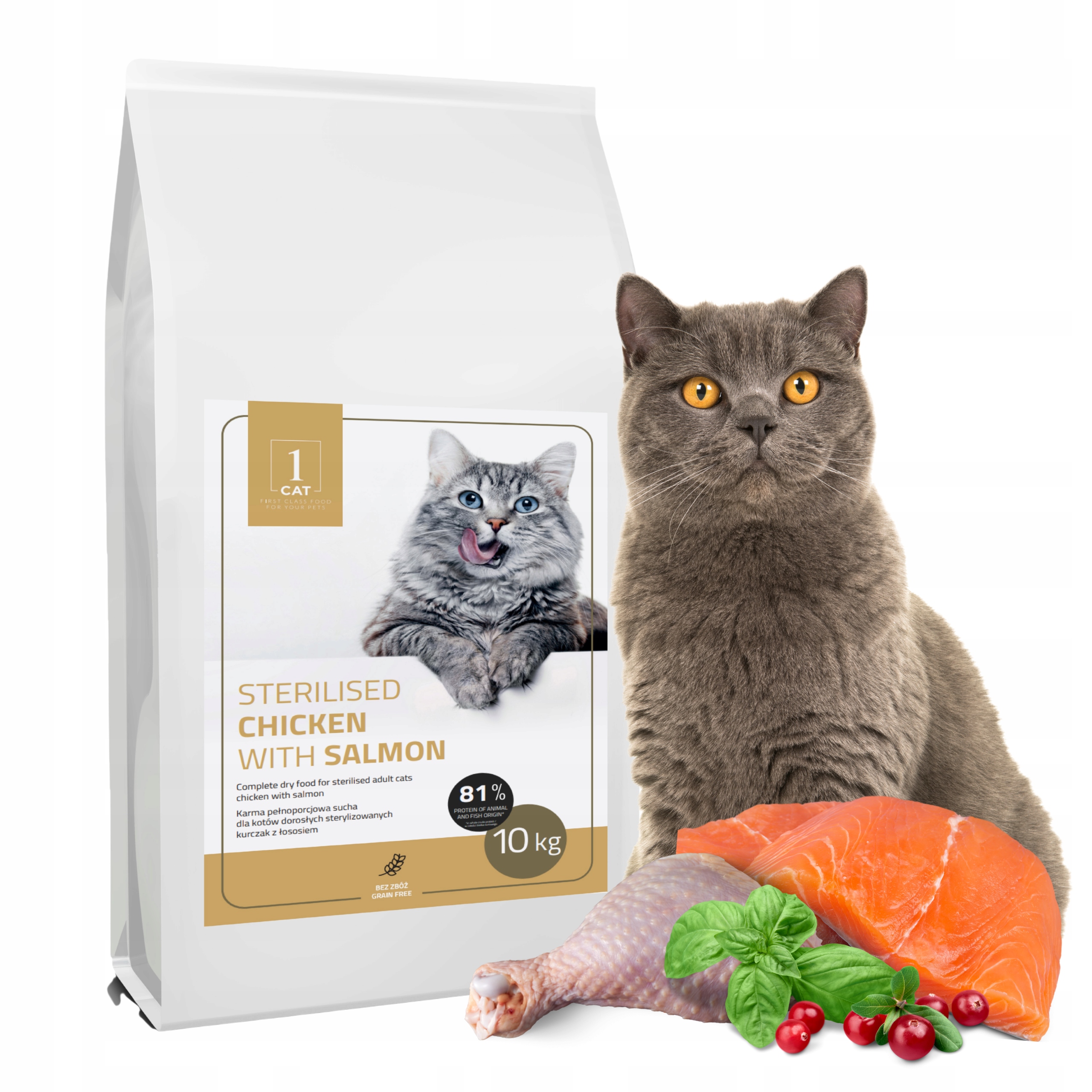 Sucha karma dla kota łosoś kurczak 10kg dla dorosłych kotów bezzbożowa 1CAT