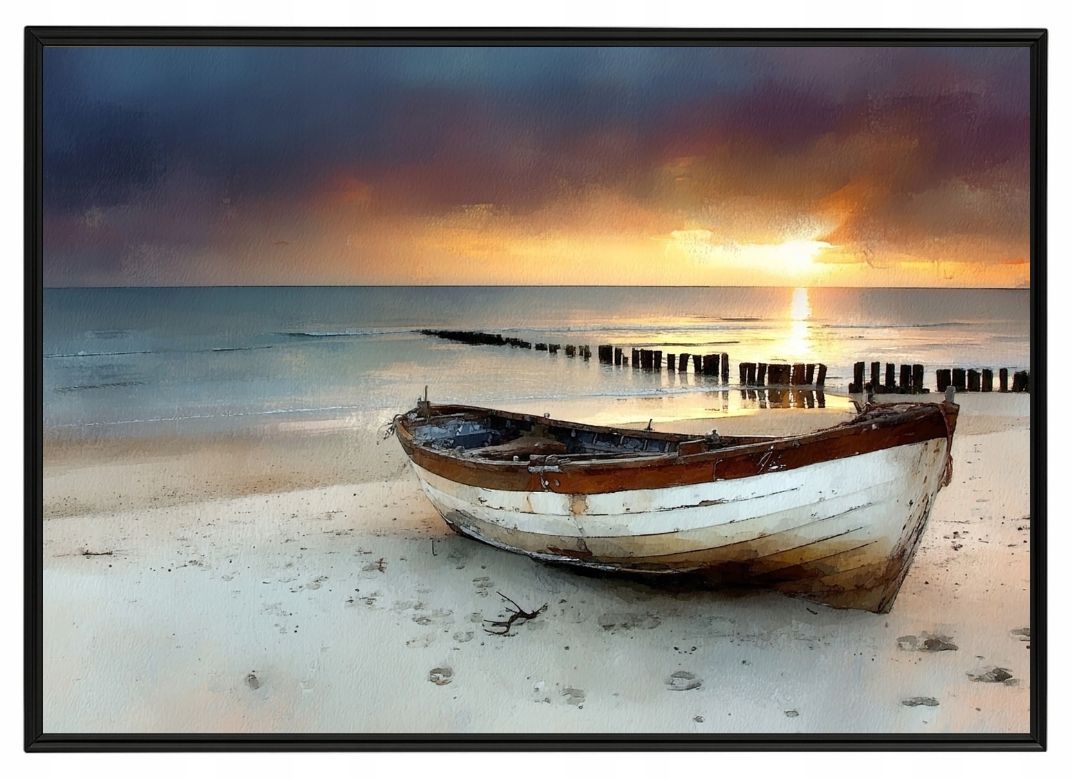 Plakát Rámeček Hliníkový Loďka Moře Západ Slunce Pláž Baltské Moře 100x70