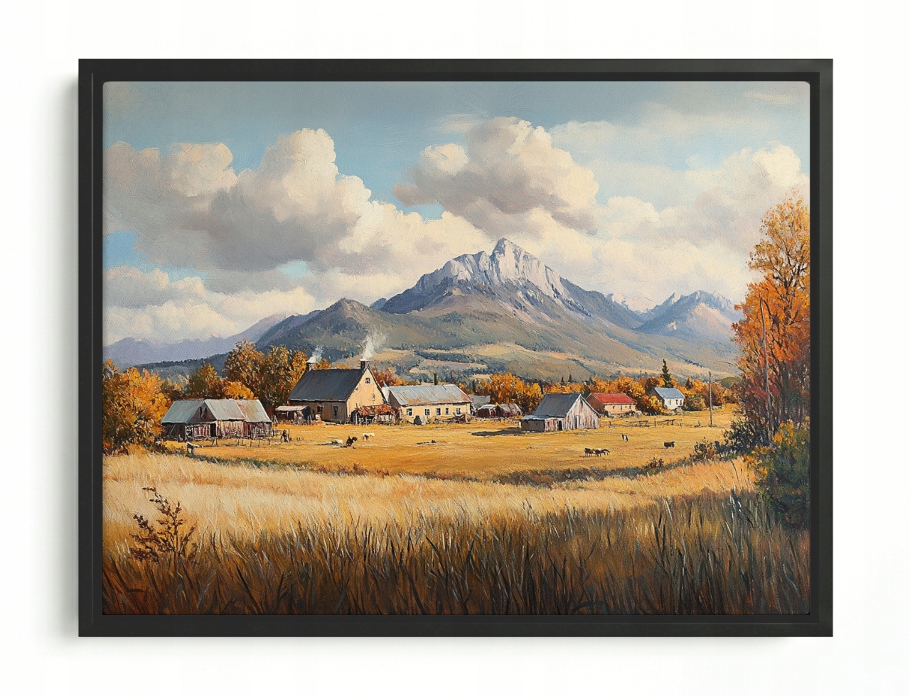 Obraz Rám American Box Rustikálna Krajina Obec Domy Hory Pole Jeseň 80x60