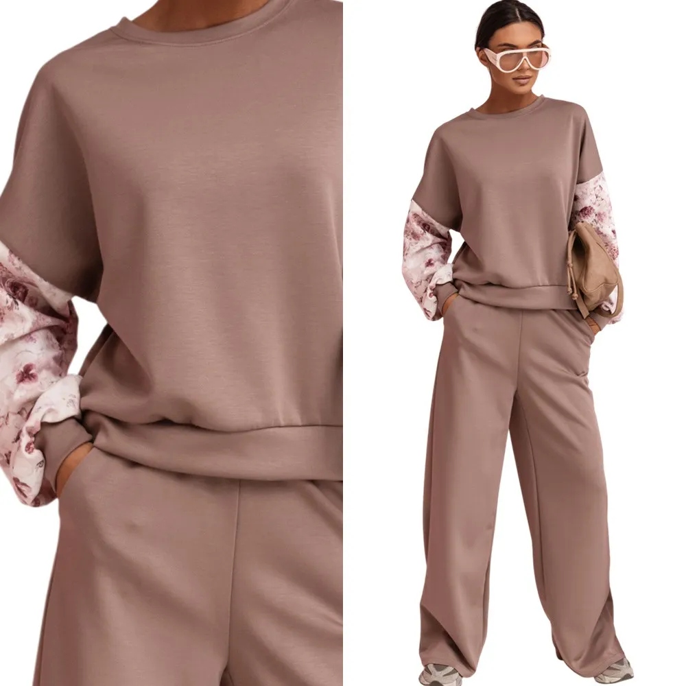 Dámský Teplákovka Komplet široké kalhoty oversize mikina S/m Béžová