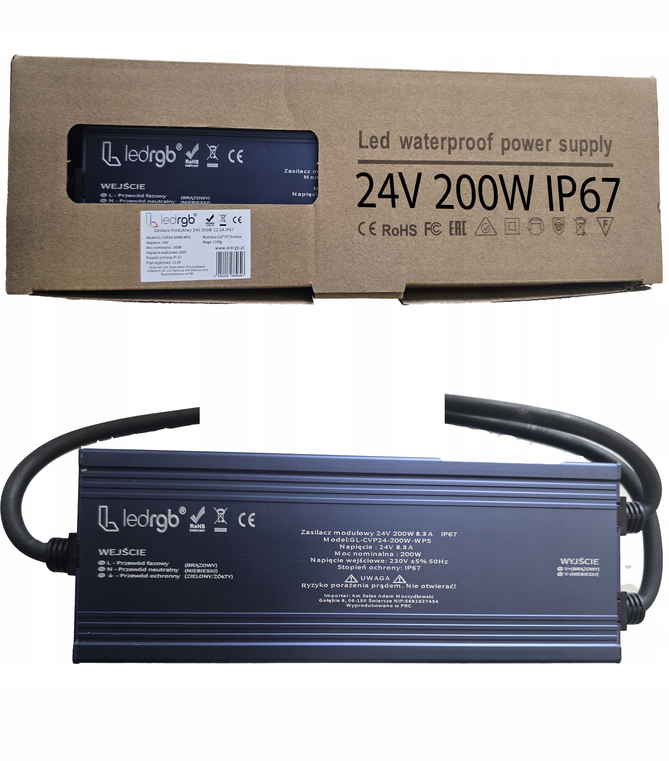 Montážní napájecí zdroj 24V 8.3A 200W Premium pro Led modulární, Voděodolný, Ip 67