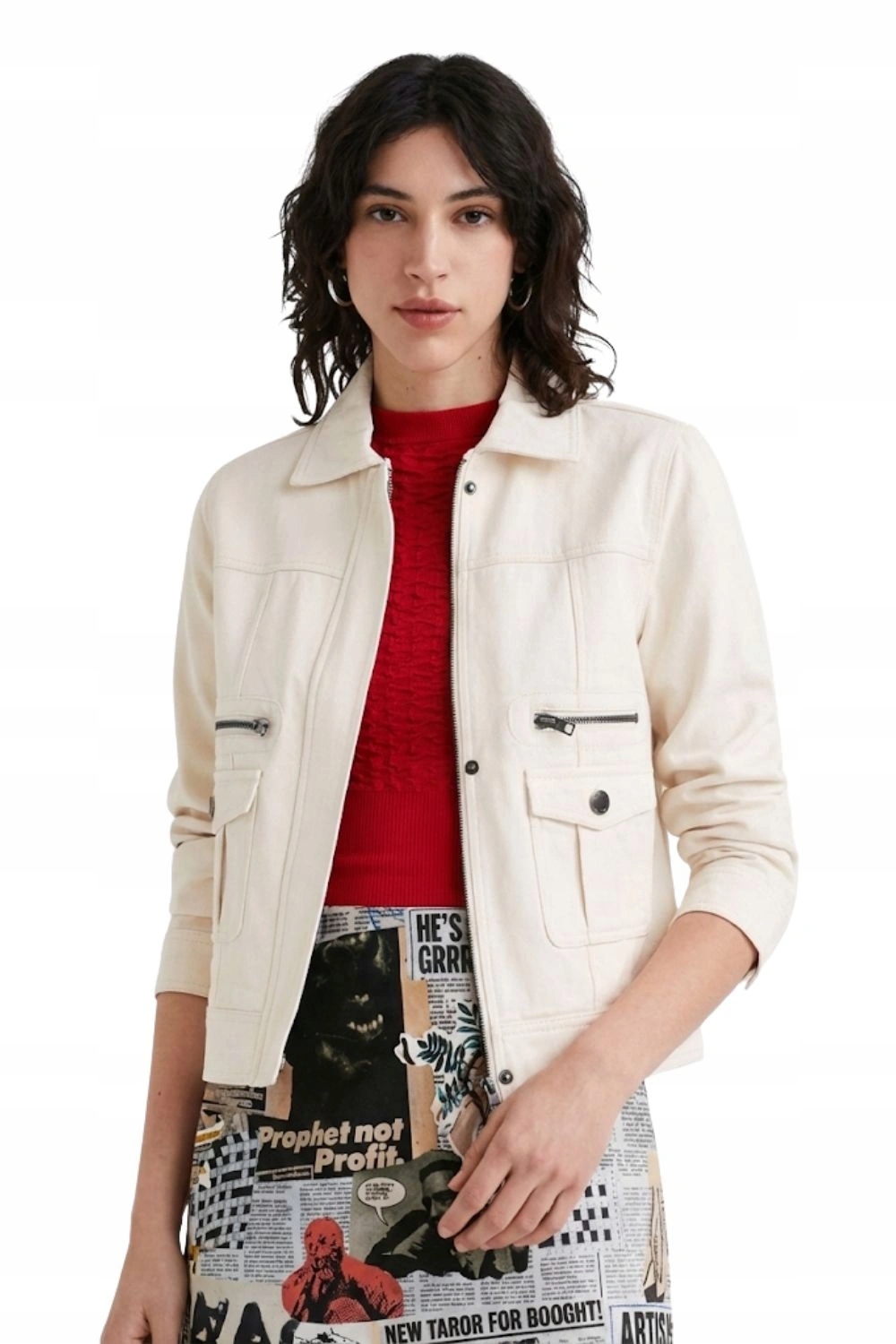 Dámská bunda Desigual krátká eko-kůže krémová ramoneska vel. S