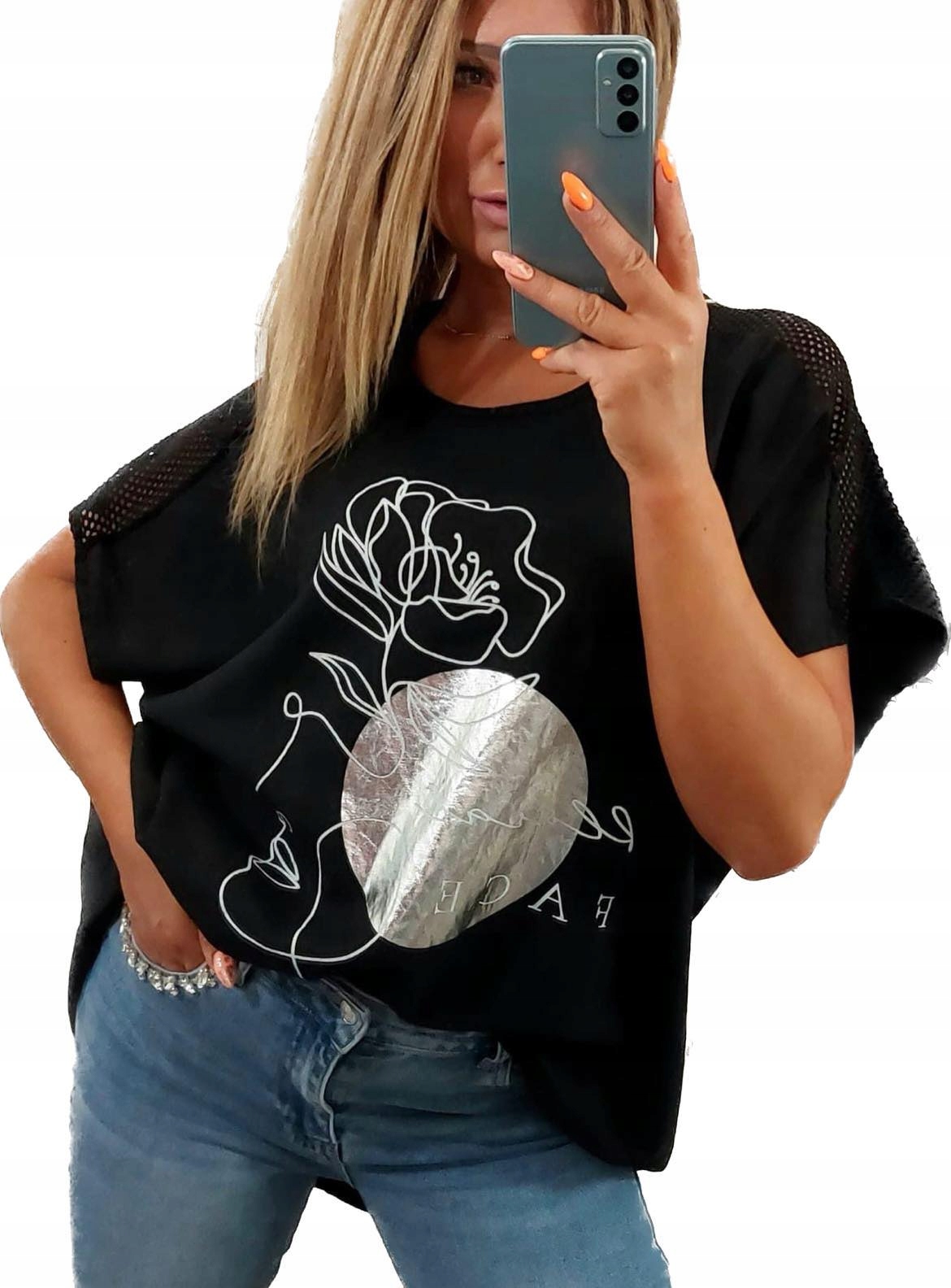 

B858 Bluzka Bawełna Siatka Z Nadrukiem roz. 56