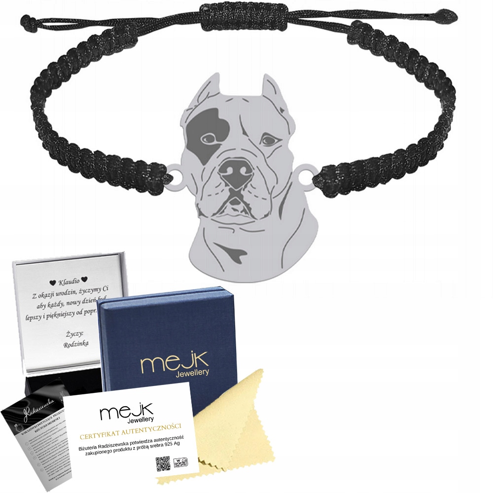 Stříbrný náramek s psem Argentinský pes 925 Makramé Dárek Gravírování