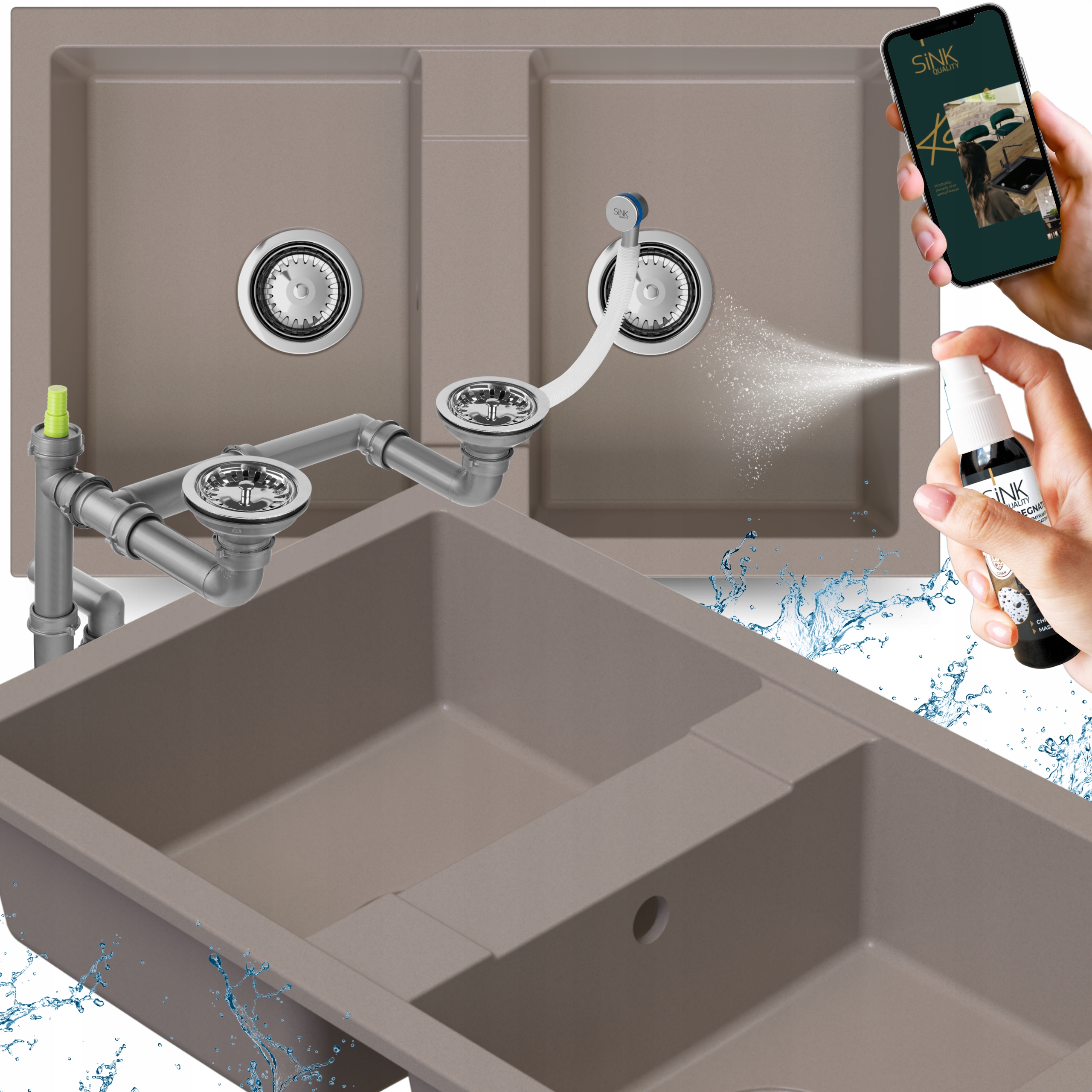 Dvoukomorový Granitový dřez béžový zapuštěný se sifonem+IMPREGNAT