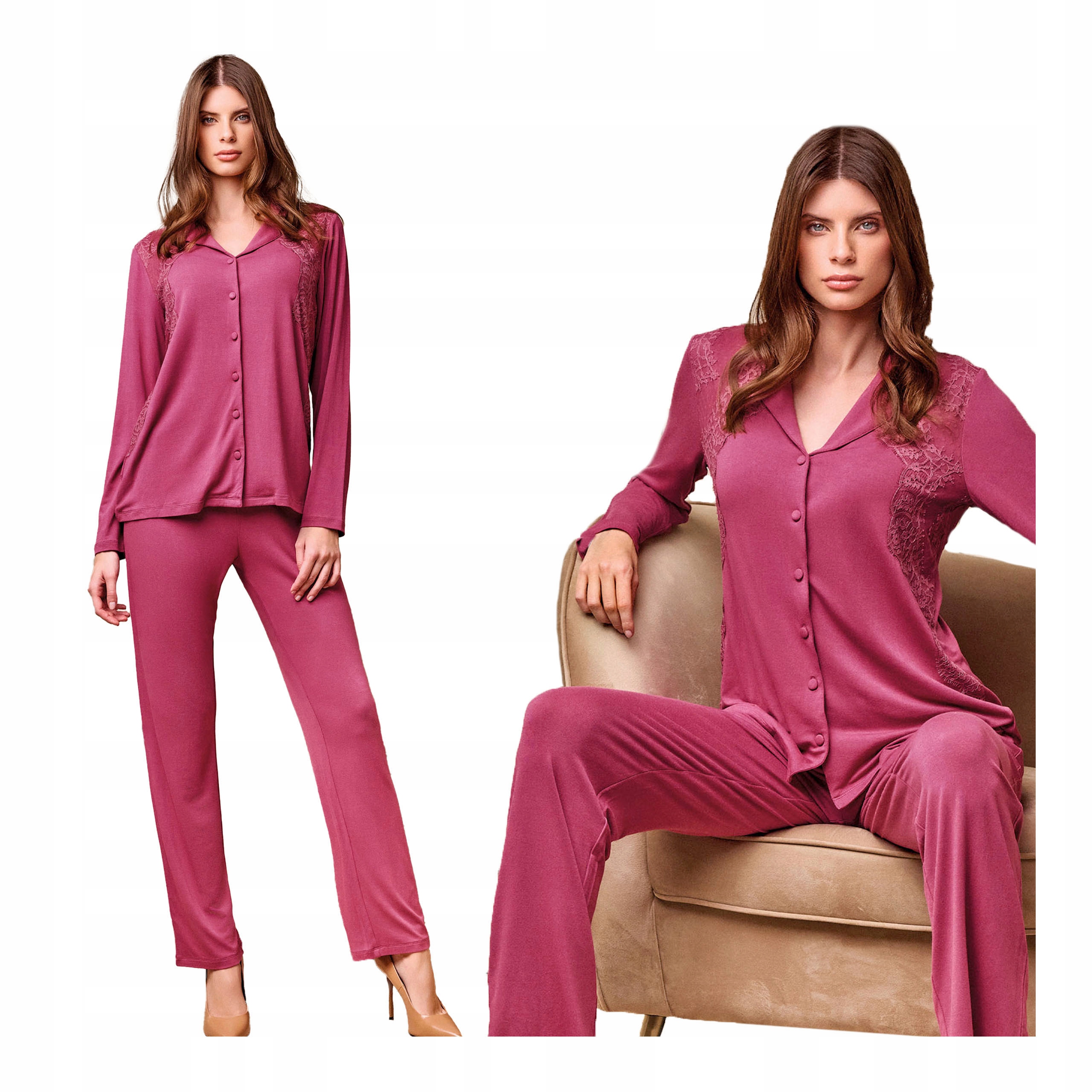 Dámské dvoudílné rozepínací pyžamo s dlouhými kalhotami na zimu Lormar 3XL