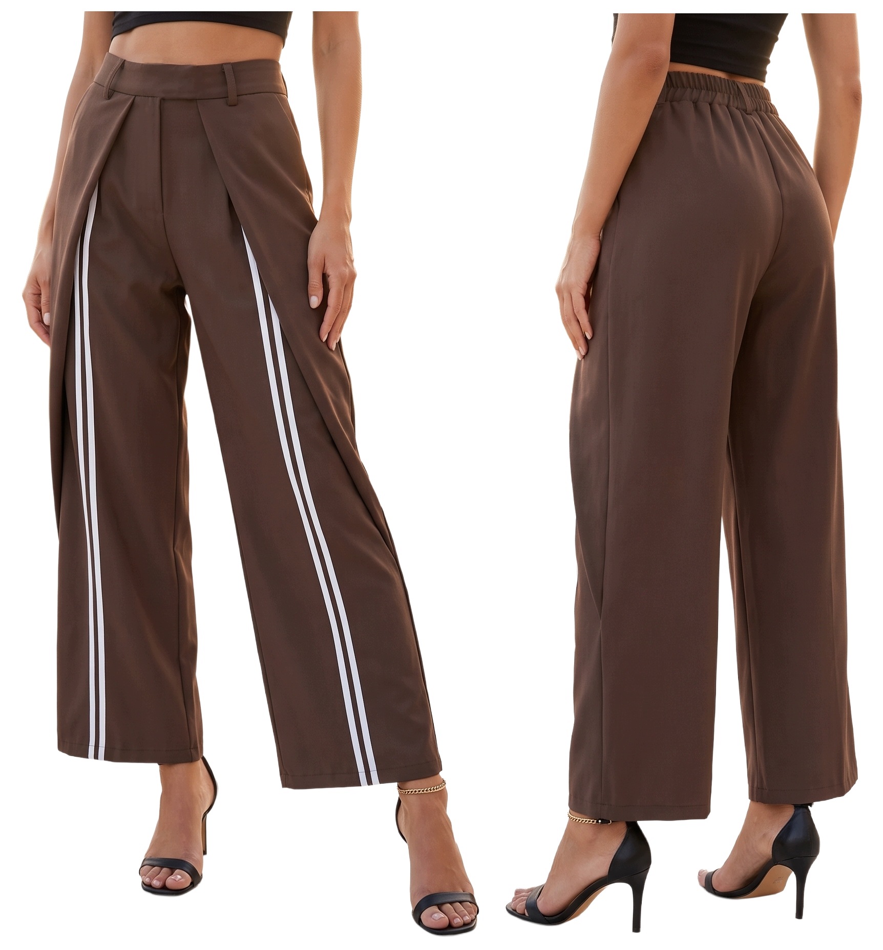 Široké kalhoty s záševky Lampasy Wide Leg Čokoládově hnědá