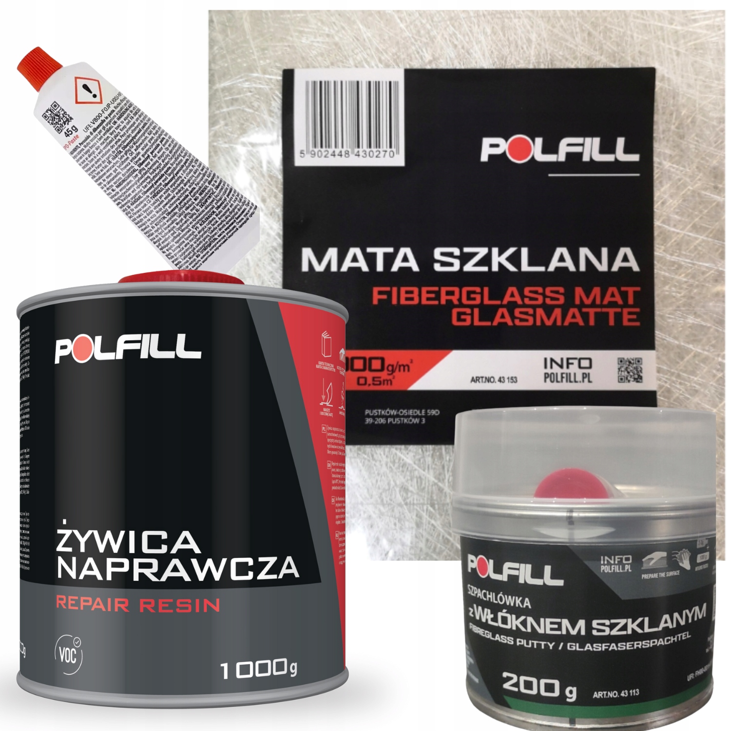 Zestaw Naprawczy Żywica Mata szklana Szpachlówka z Włók. Szklanym Polfill