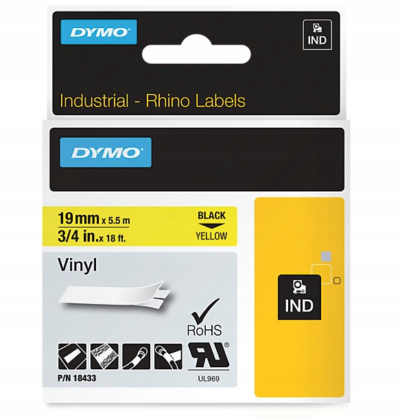Oryginalna Taśma Dymo Ind Rhino winylowa 19mm x 5,5m żółta czarny