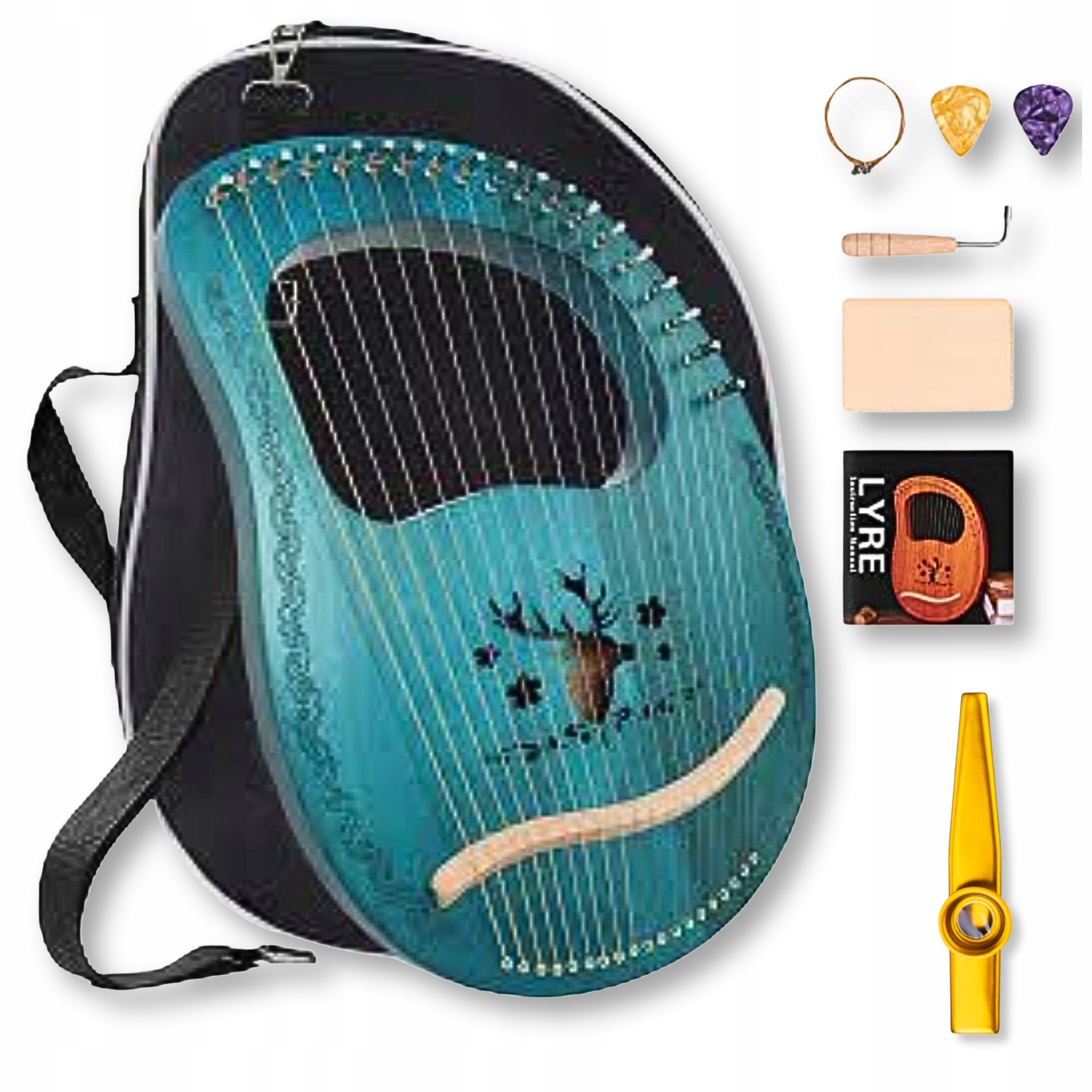 Lira modrá 16-strunová dřevěná pouzdro, náhradní struny, kostky, klíč