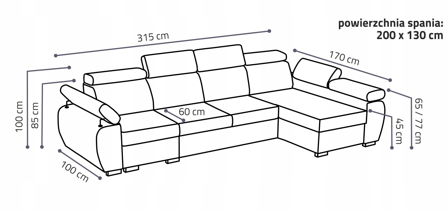 Narożnik modułowy PORTLAND II spanie pojemnik Wysokość mebla 100 cm