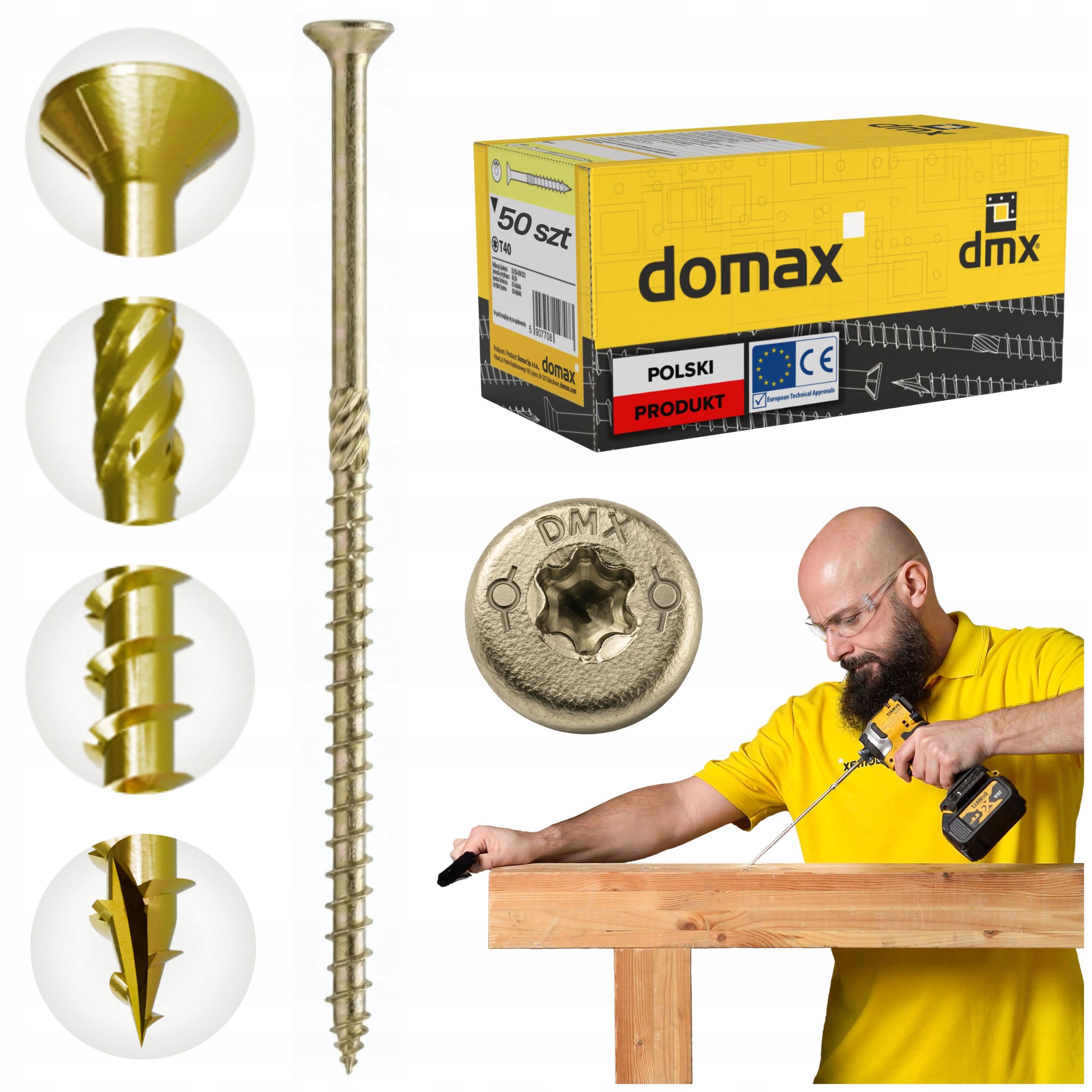Wkręty Ciesielskie Do Drewna 8x380 Stożkowe Torx 50szt Domax Cs Złote