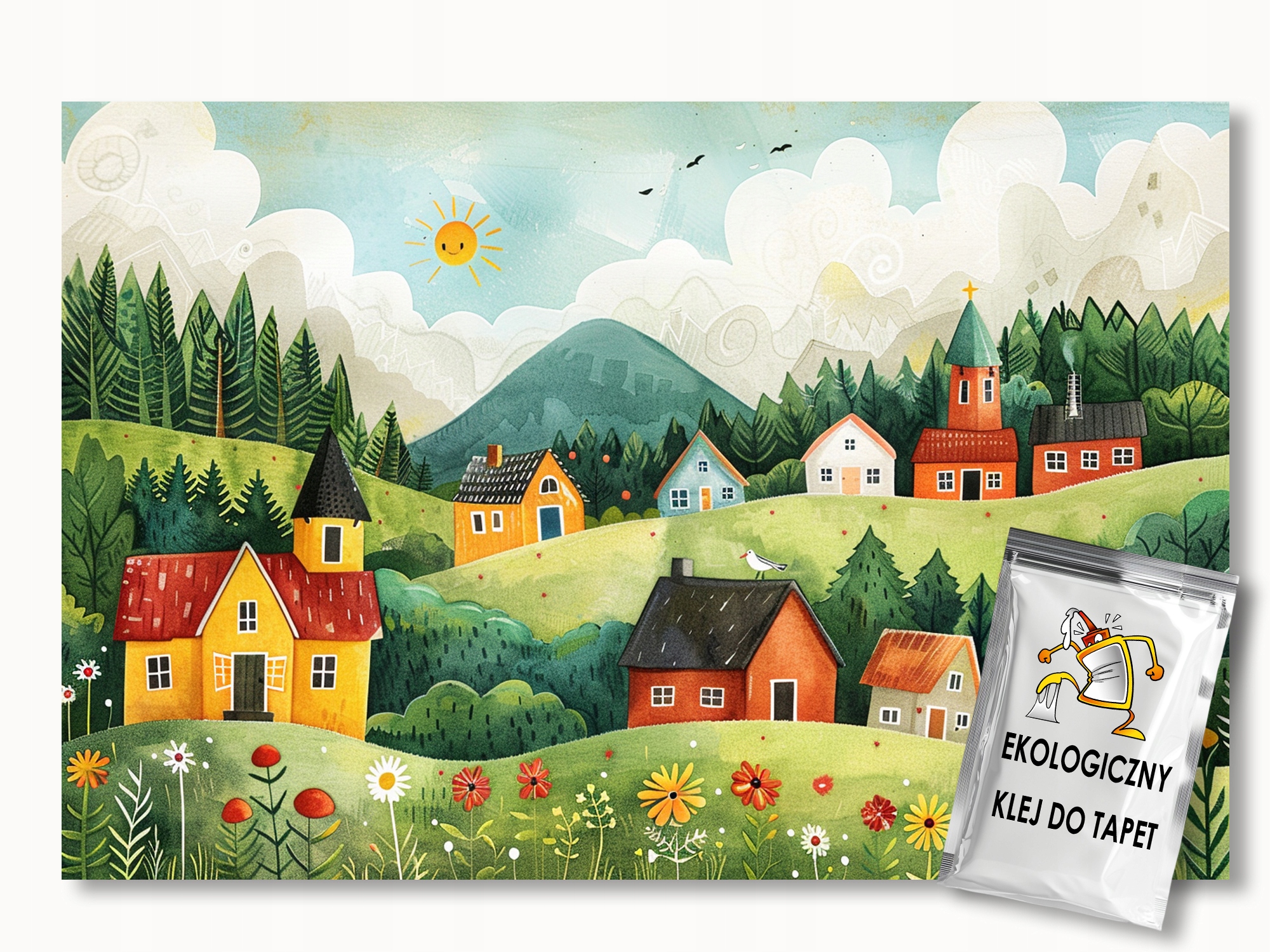Fototapeta Flizelina Děti Městečko Domky Hory Slunce Les 300x210 110g