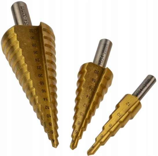 WIERTŁO WIERTŁA STOPNIOWE STOŻKOWE 3el. TYTAN 4-32 Zastosowanie do blach do drewna do metalu do plastiku