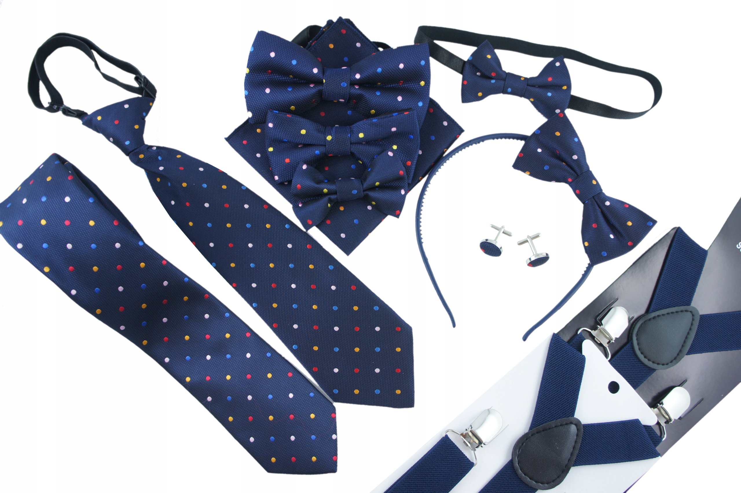 Krawat dziecięcy GRANATOWY w KOLOROWE KROPKI DLA CHŁOPCA elegancki Kolor niebieski