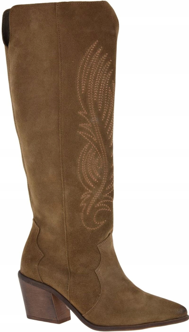 Kovbojské Boty dámské kozačky ke kolenům hnědé nubuk Nicole 3152 VEL.39