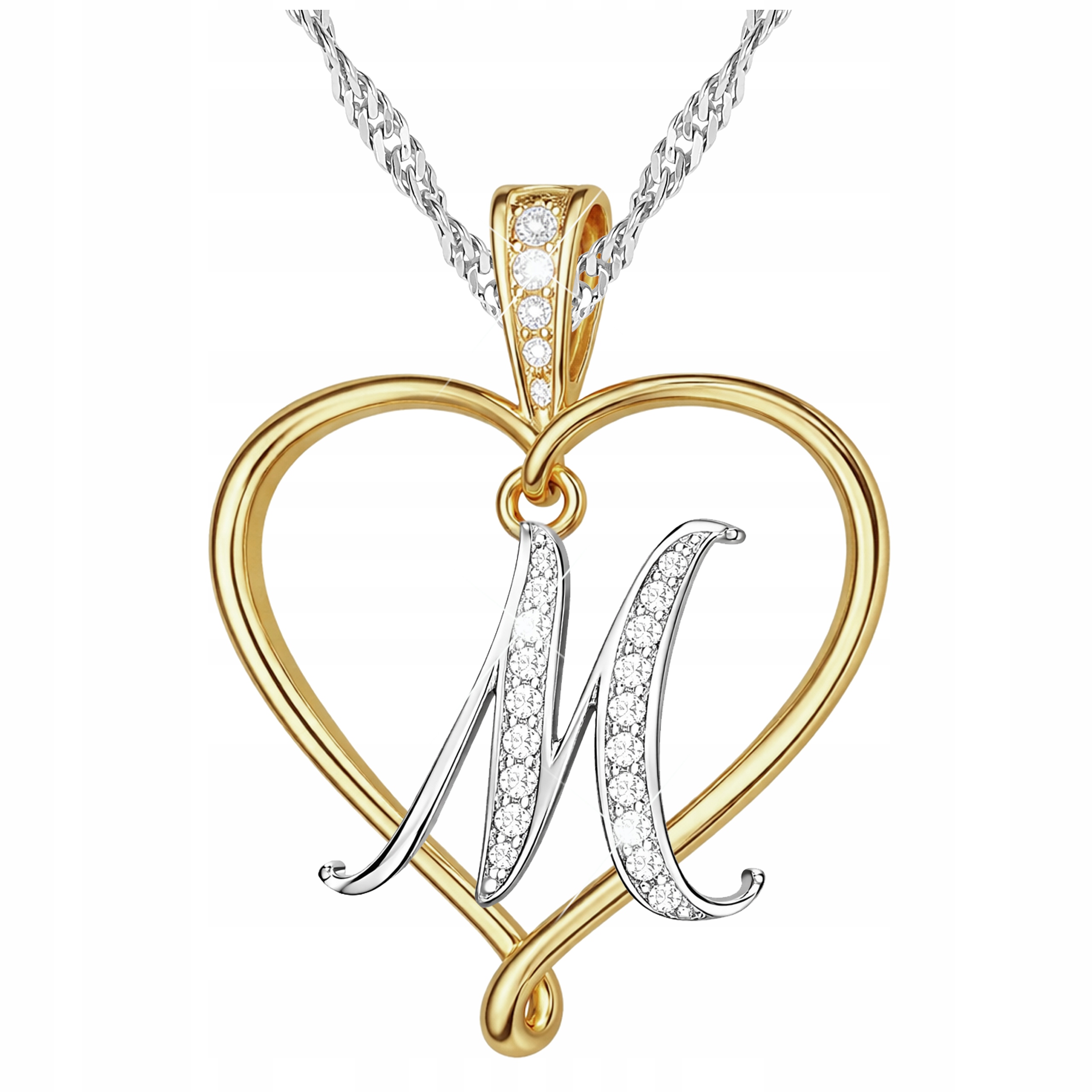 Stříbrný náhrdelník Písmeno Iniciál M se zlatým srdcem Láska Stříbro 925