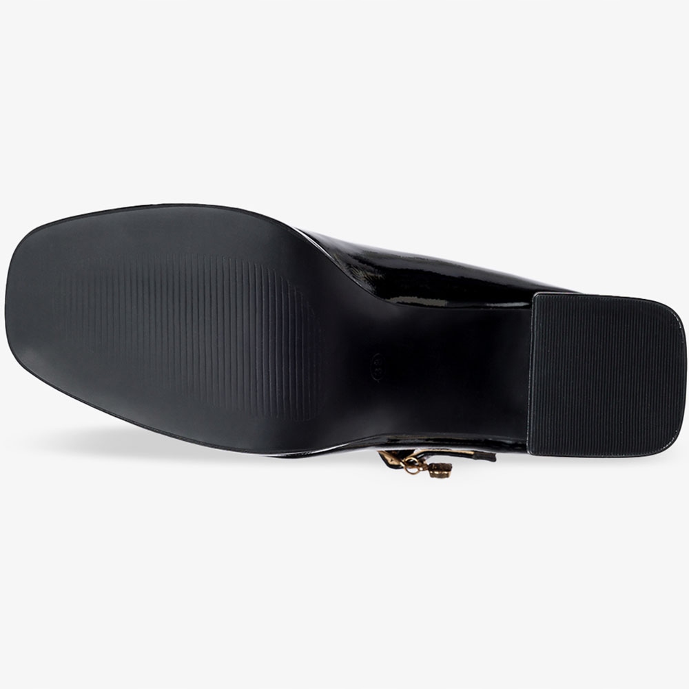 CZÓŁENKA DAMSKIE LAKIEROWANE BUTY NA OBCASIE KLOCKU Z PASKIEM OZDOBA r 38 Kolor czarny