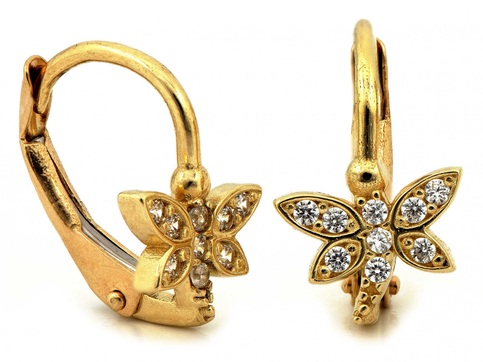 Zlaté náušnice Vážka s zirkony 585 bílé kameny 1.35g dětské 14kt