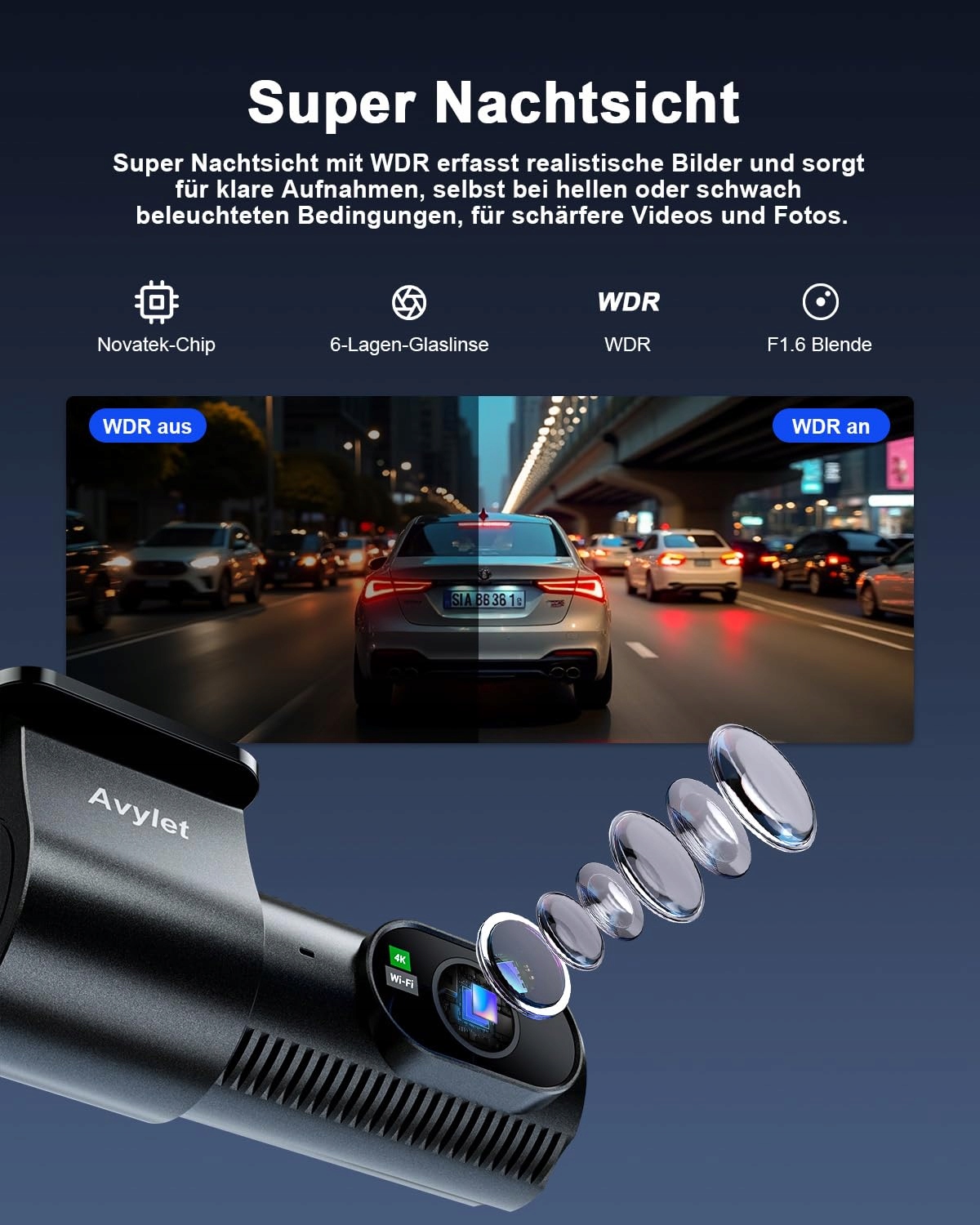 AVYLET Kamera Samochodowa 4K 1080P Przód Tył WiFi GPS Nocny Tryb 170° 150° — miniatura 7