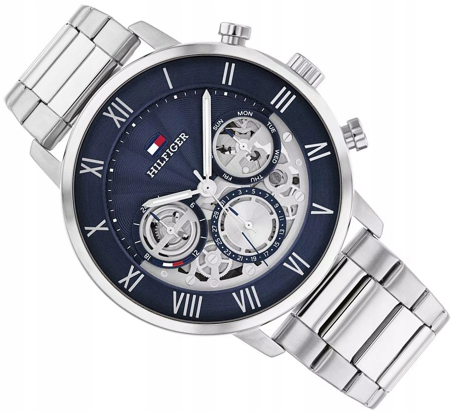 Pánské Hodinky Tommy Hilfiger 1710569 Módní Modrý Skeleton S Datem 44 mm