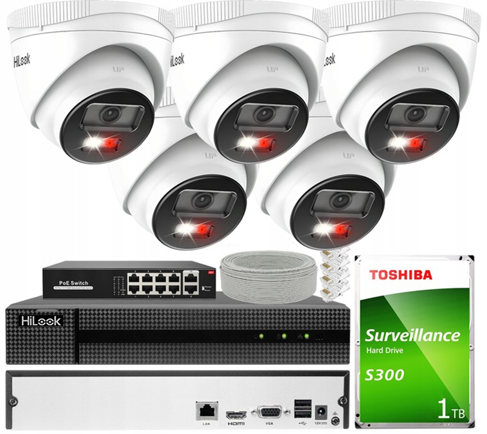 Ip monitorovací sada 5 kamer 4MPx HiLook Hybrid Light Led rekordér 8CH