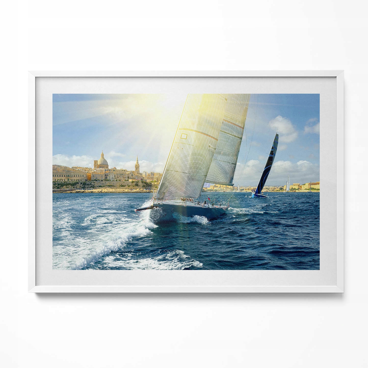 Nástěnný obraz v bílém rámu, dekorace interiéru Plovoucí jachty 100 x 70 cm