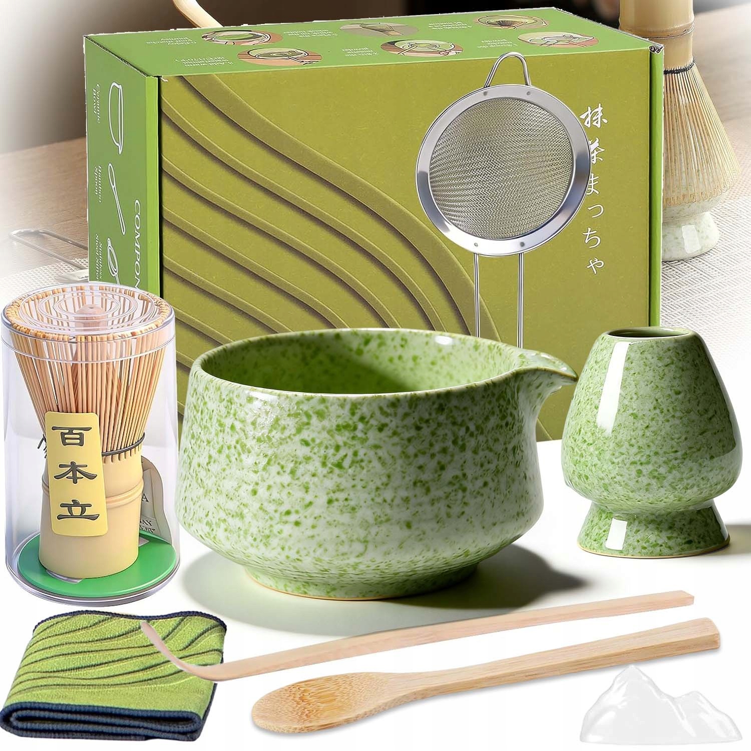 Zestaw Prezentowy Do Herbaty Matcha Czarka Miotełka Podstawka Łyżeczka 8SZT