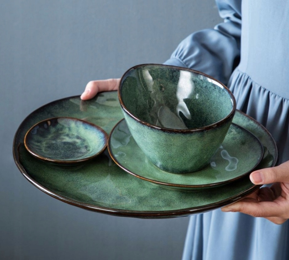 Zastawa vintage styl retro VANCASSO STARRY kamionka ZIELONA 11szt / 4 osób