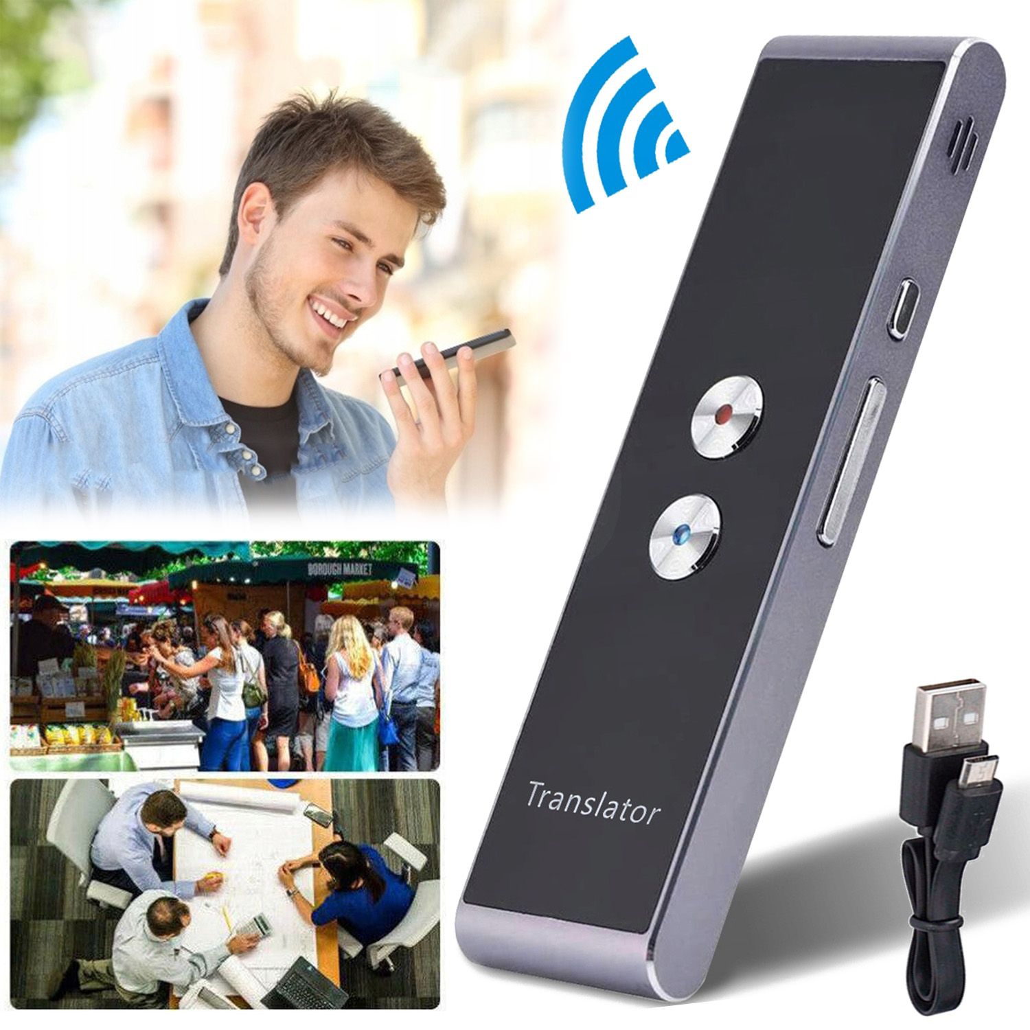 Inteligentní překladač cizích jazyků s baterií 800 MAh, přenosný, černý