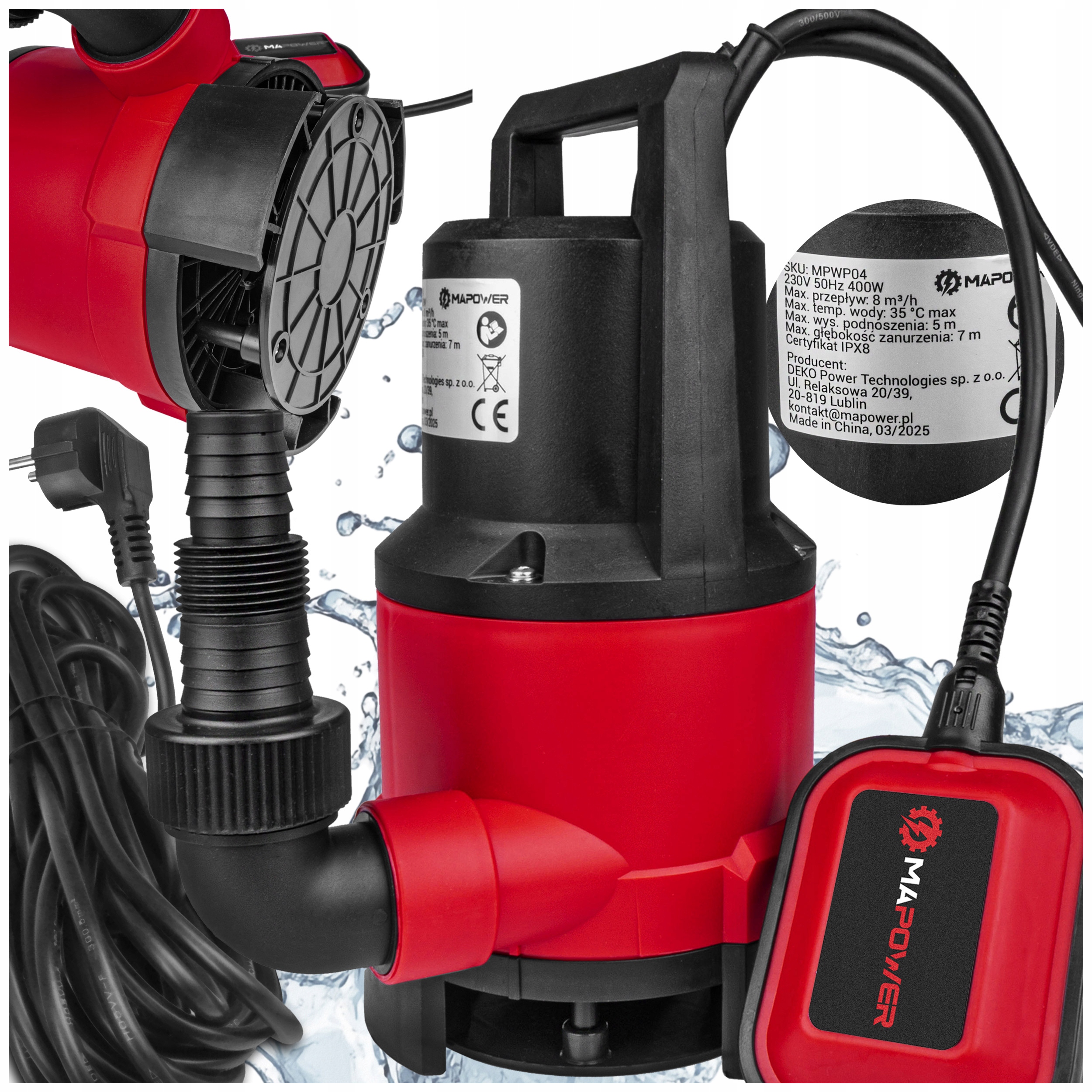 Pompa Do Wody Czystej Brudnej Basenu Pływak Zanurzeniowa 400W Mocna Mapower