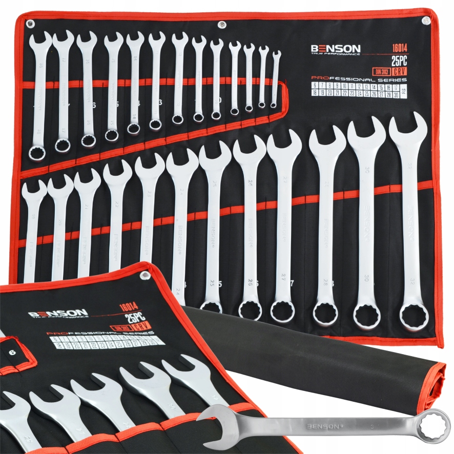 Duży Zestaw Komplet Kluczy Płaskich Oczkowych 6-32MM 25EL Mata Benson Week.