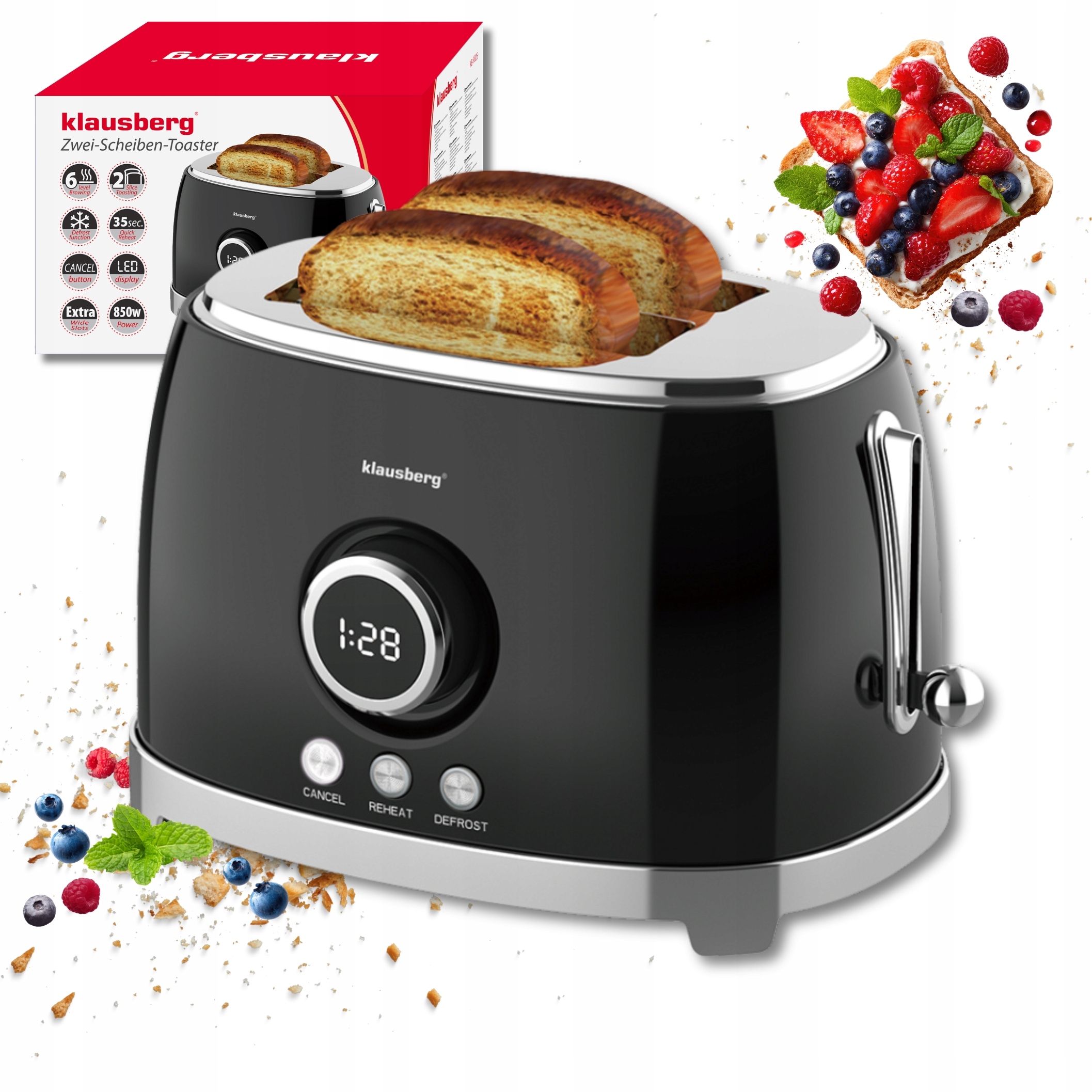 Toustovač na 2 plátky Klausberg KB-9025 Led 850W rozmrazování Topinkovač