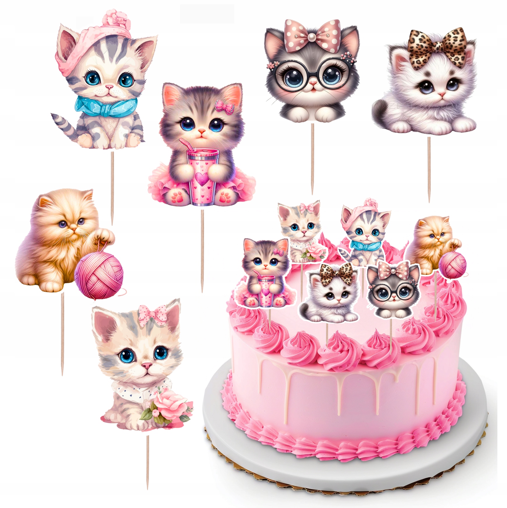 TOPPER NA TORT KOT KOTKI KOTEK ZESTAW POSTACI DEKORACJA OZDOBA NA TORT
