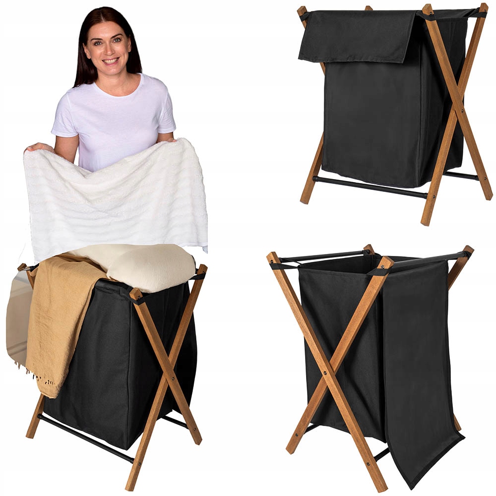 Koš Na Prádlo Oblečení 39 L Dřevěný Skládací Černý Eko Nádoba Koupelna