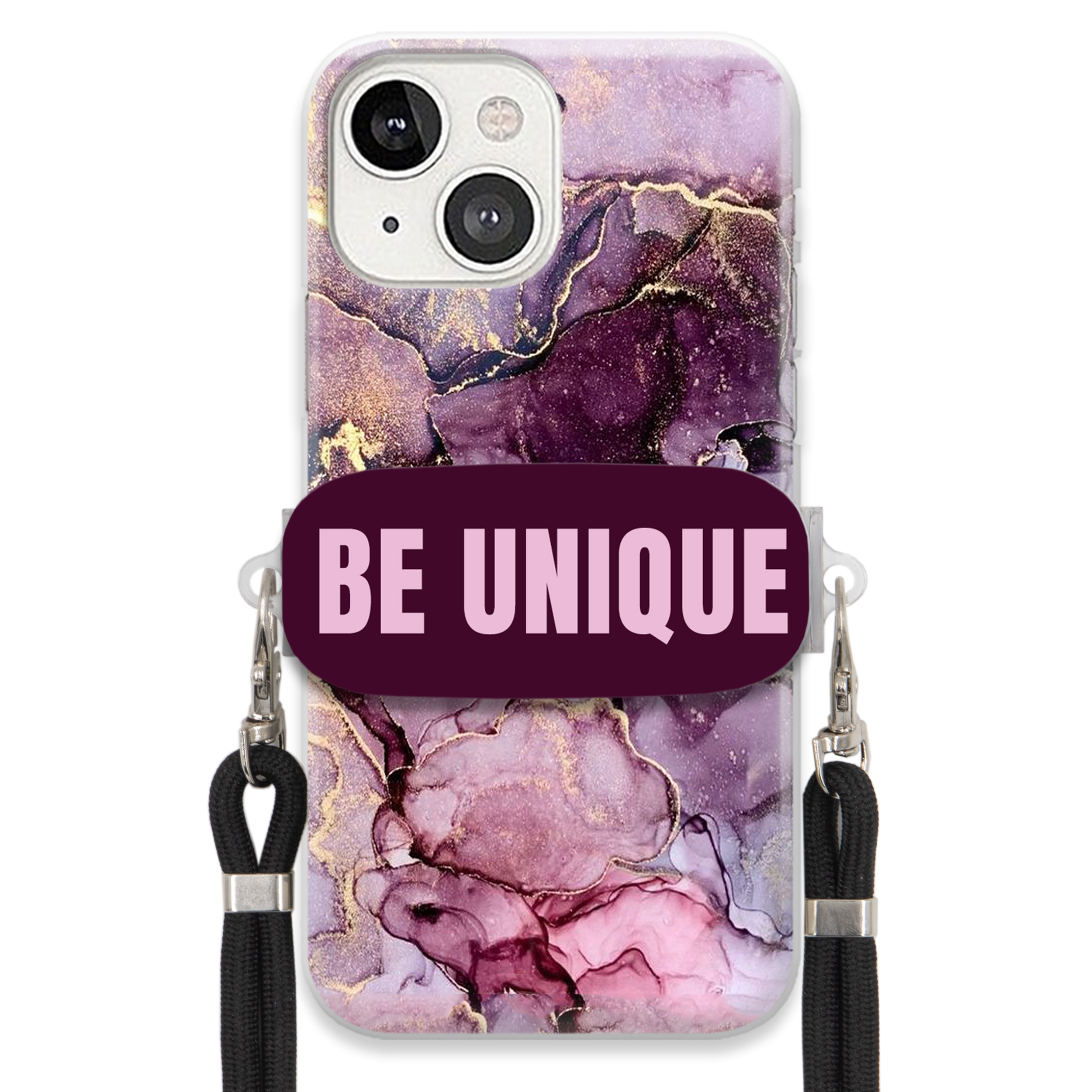 Prémiové puzdro pre iPHONE 13 Case držiak na šnúrku Čierny fialový mramor