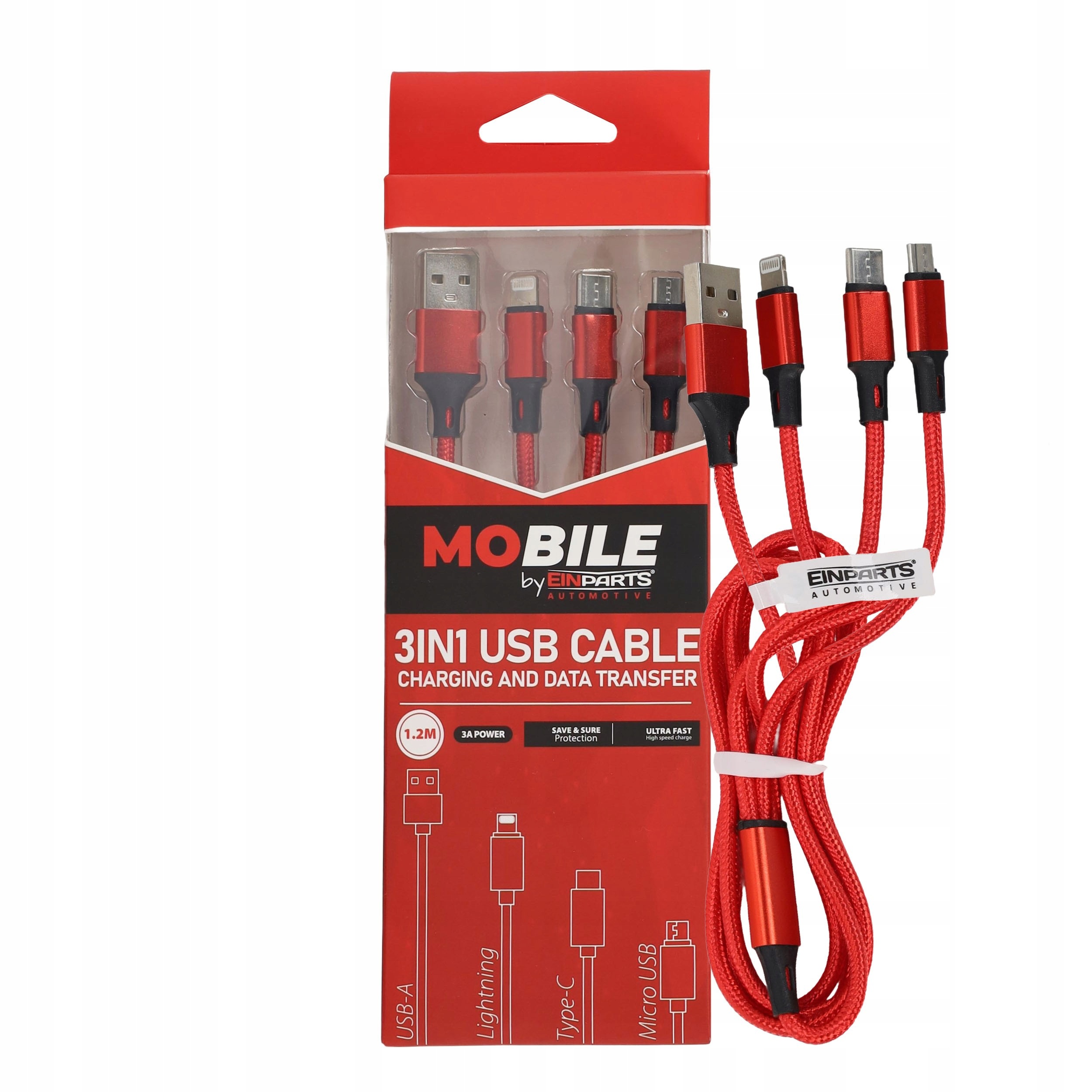 Kabel 3w1 Usb-a Usb-c Lightning EPMOB10 1,2 m nylon czerwony