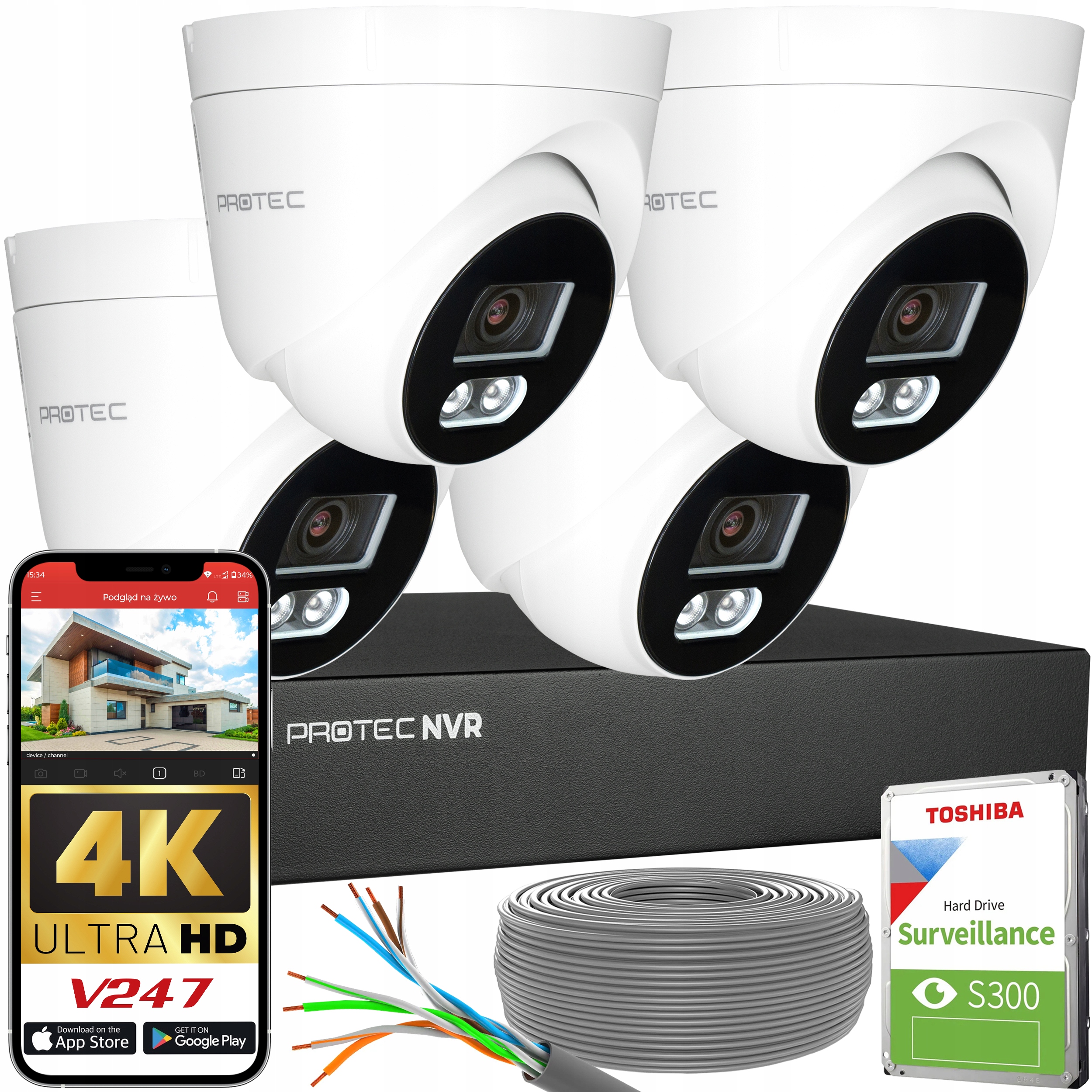 Monitorovací sada 4 kopulové kamery Ip 8MP 4K Poe Detekce osob Hdd