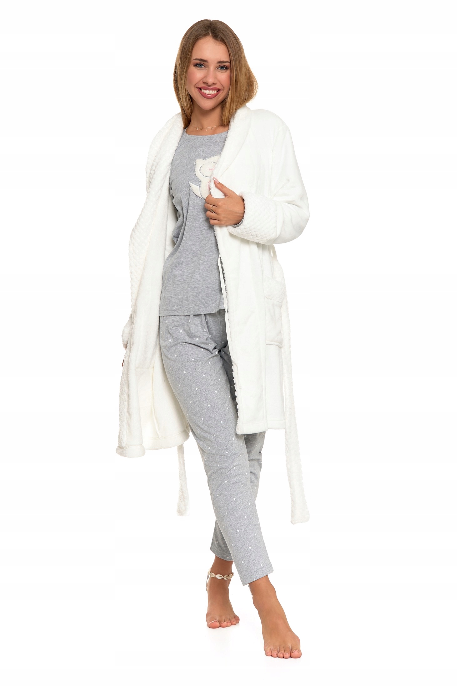 SZLAFROK DAMSKI KRÓTKI CIEPŁY MIĘKKI MORAJ Odcień ecru