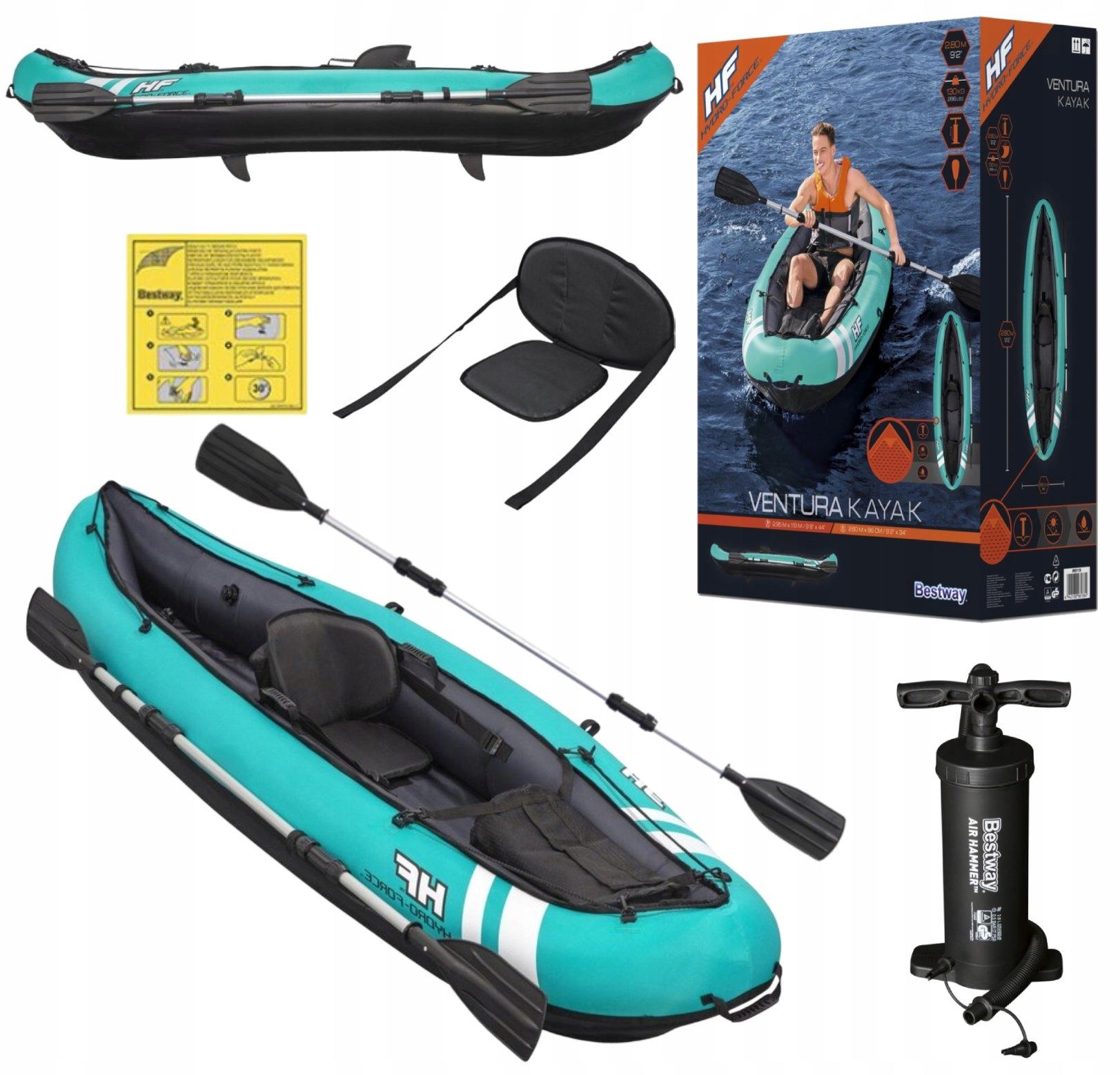 Silný Nafukovací Kajak Ventura 280 x 86 cm Bestway 65118 Pumpička Pádlo