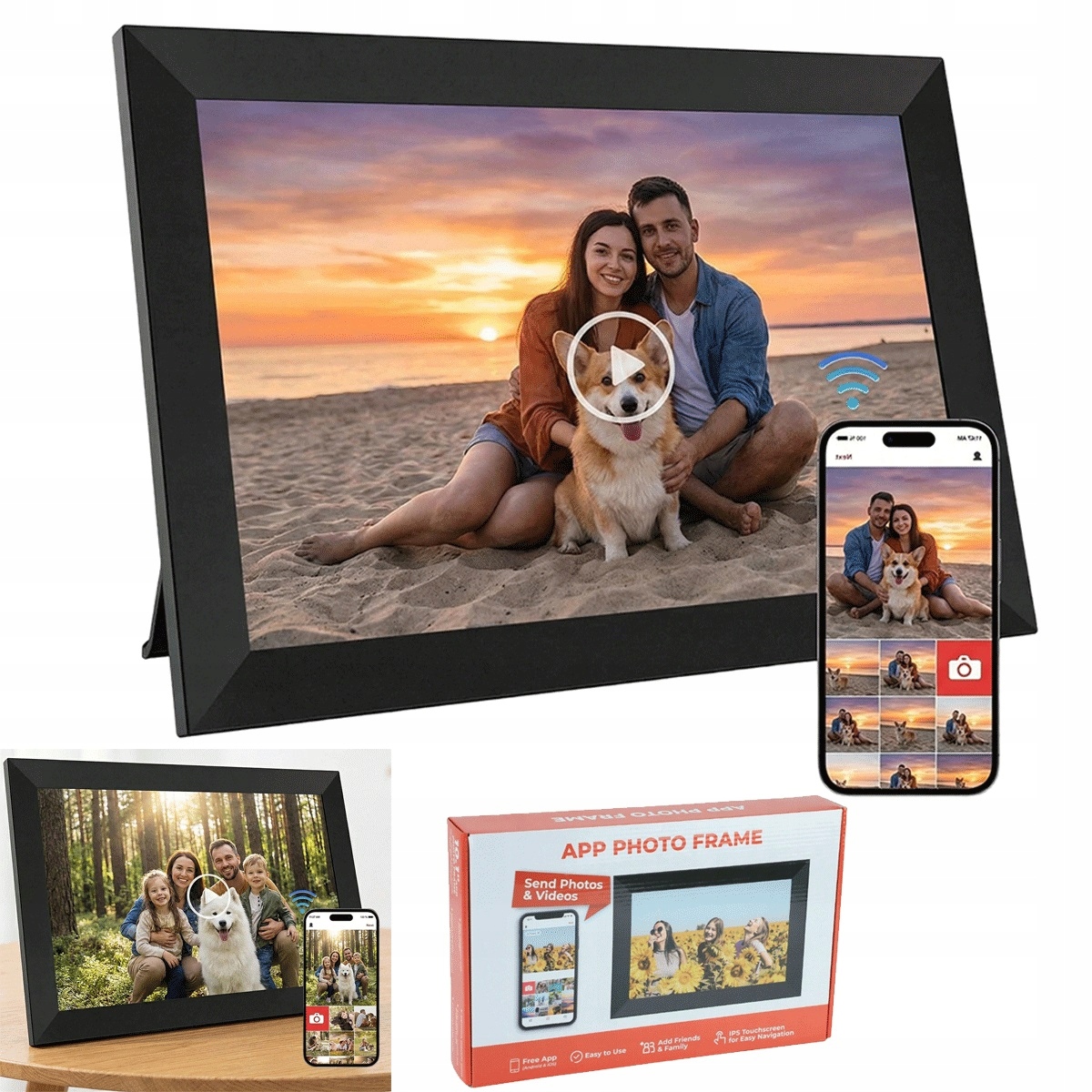 10.1palcový Ips digitální rámeček na fotografie 64 Gb s automatickou rotací, černý