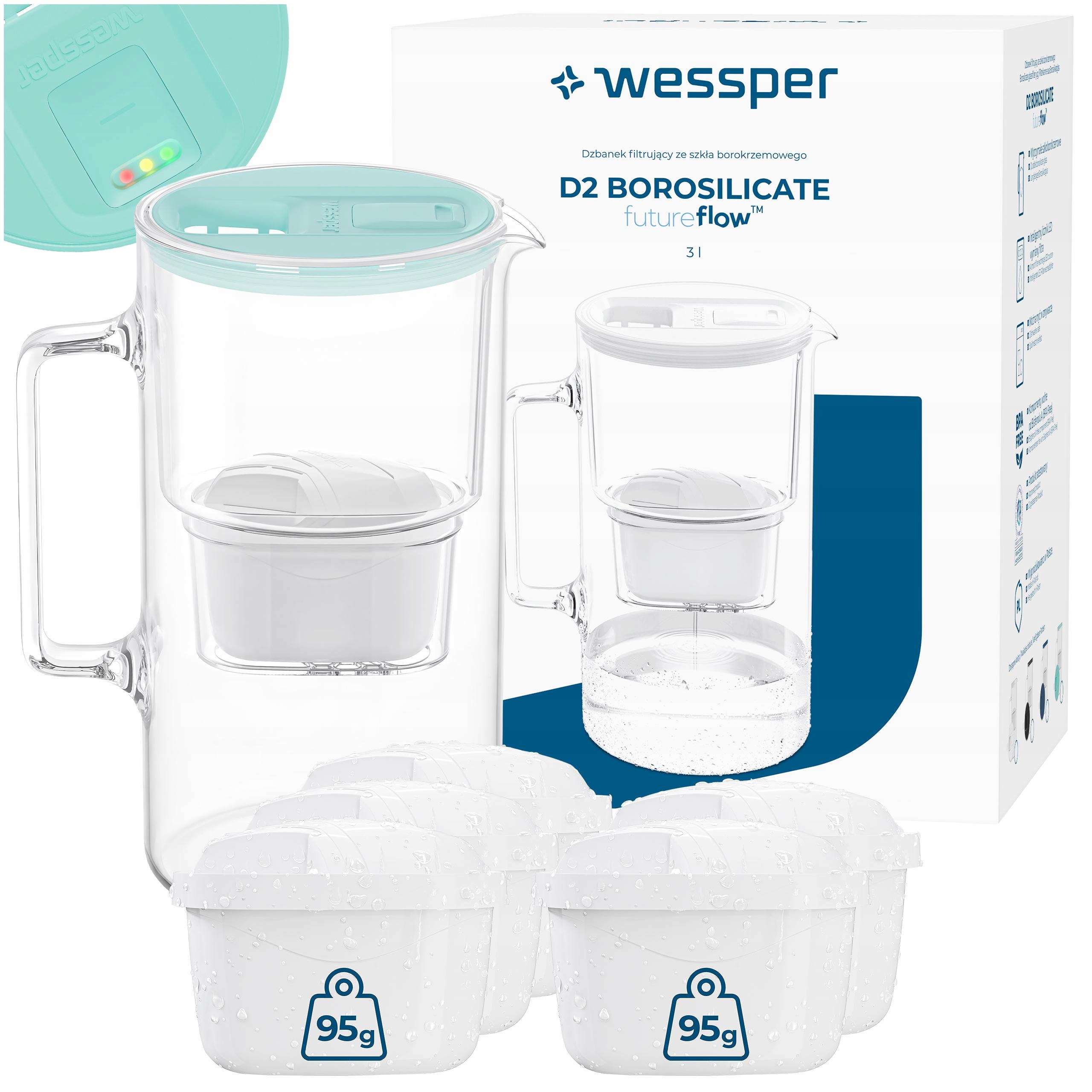 Szklany dzbanek filtrujący Wessper D2 Borosilicate 3l futureflow 6x filtr