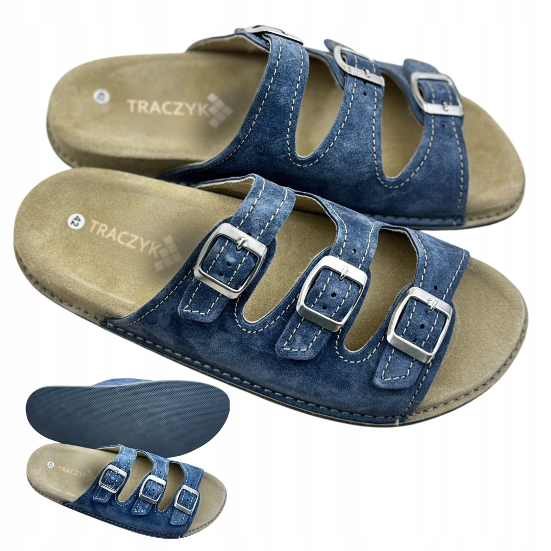 Nazouváky Pohodlné Traczyk 3 Pásky Tmavě Modré Přírodní Kůže Fusbet vel. 39