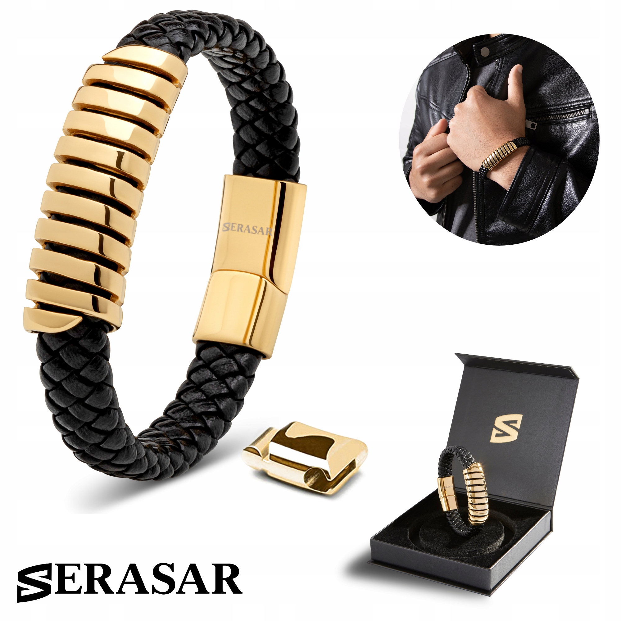 Serasar, Pánský kožený náramek [Helix] Zlatý, 17 cm