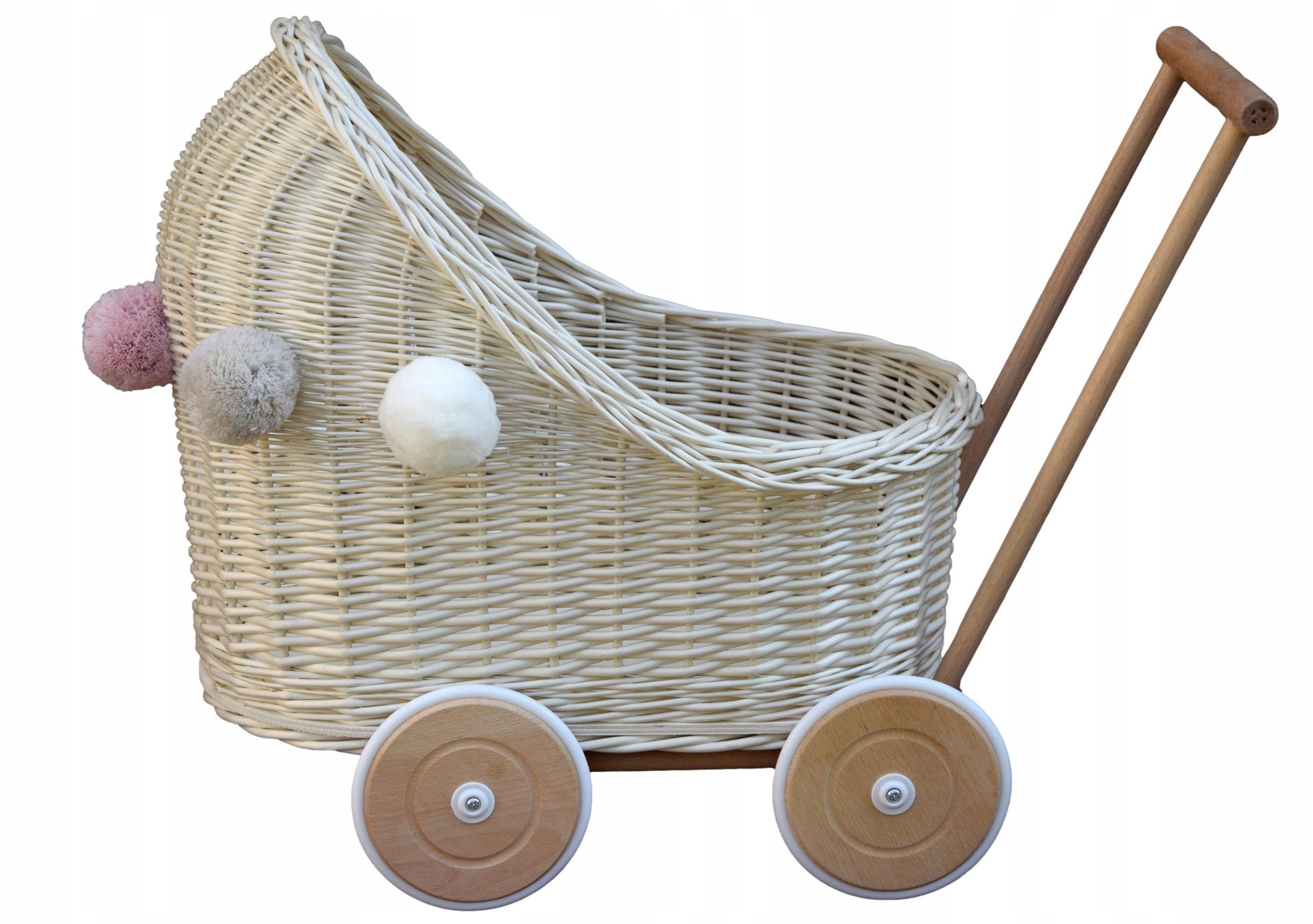 WÓZEK dla lalek wiklinowy BIAŁY z pomponami pchacz