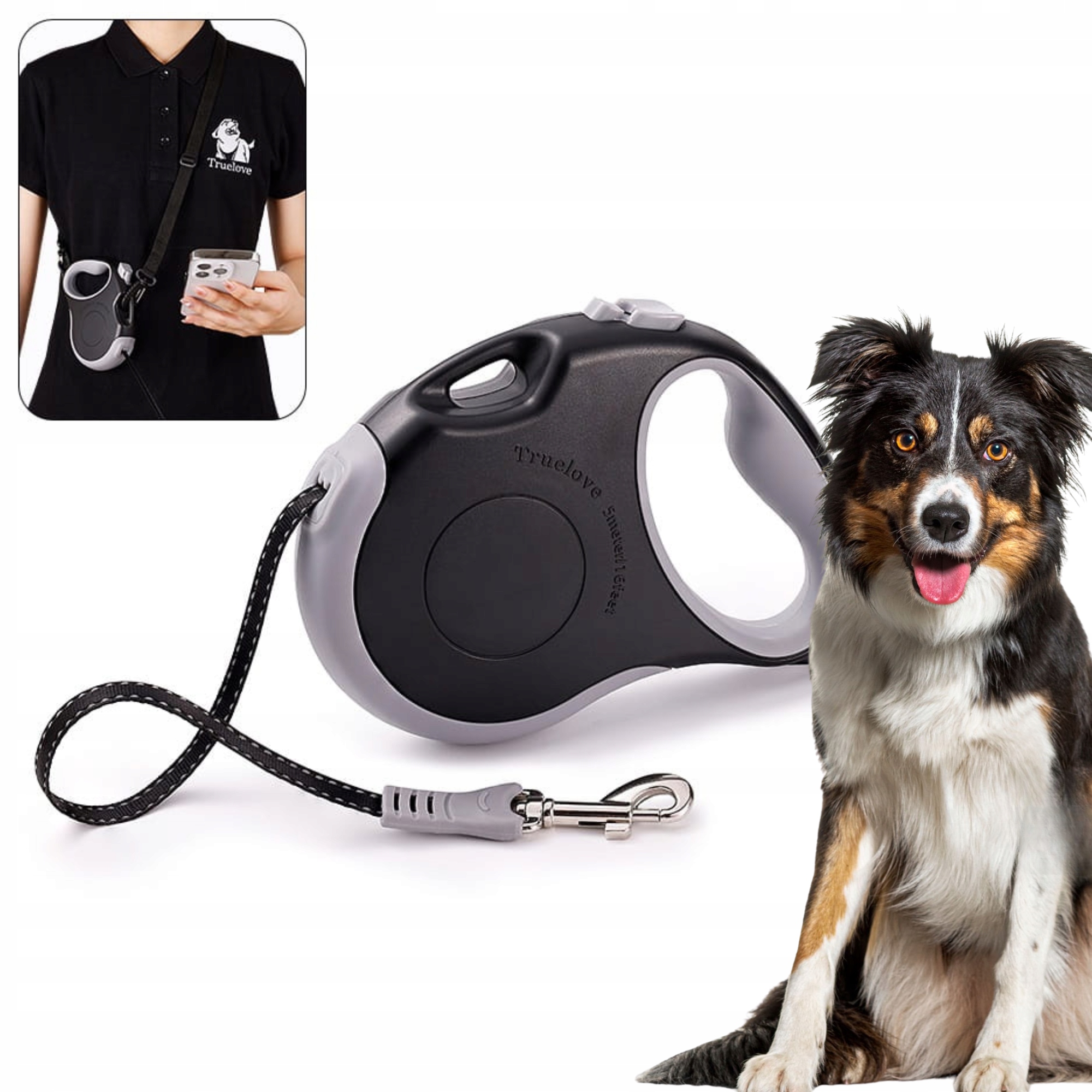 Smycz Automatyczna Z Paskiem Dla Średniego Psa Truelove Handy Czarna 5M r.M
