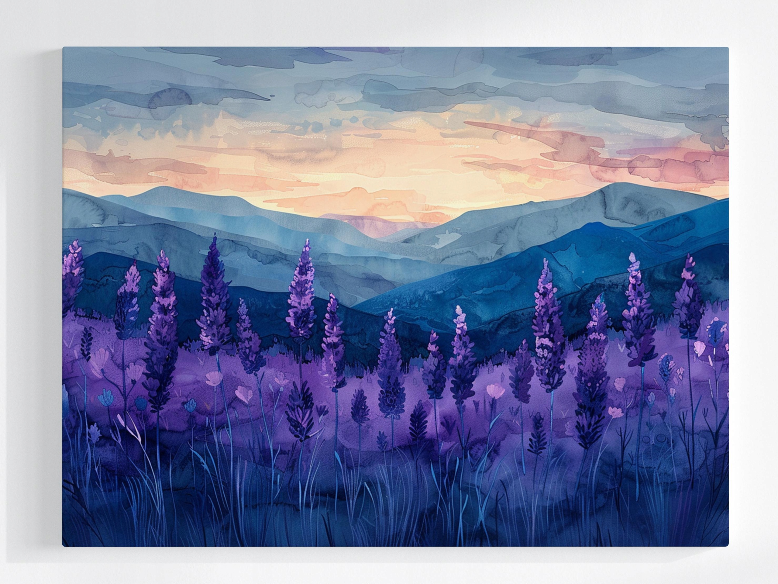 Obraz Na Plátně Canvas Levandule Hory Západ Slunce Fialový Akvarel 100x75