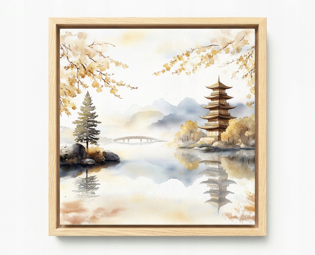 Obraz Rám Americký Box Asie Orientní Krajina Hory Pagoda Jezero Most 50x50
